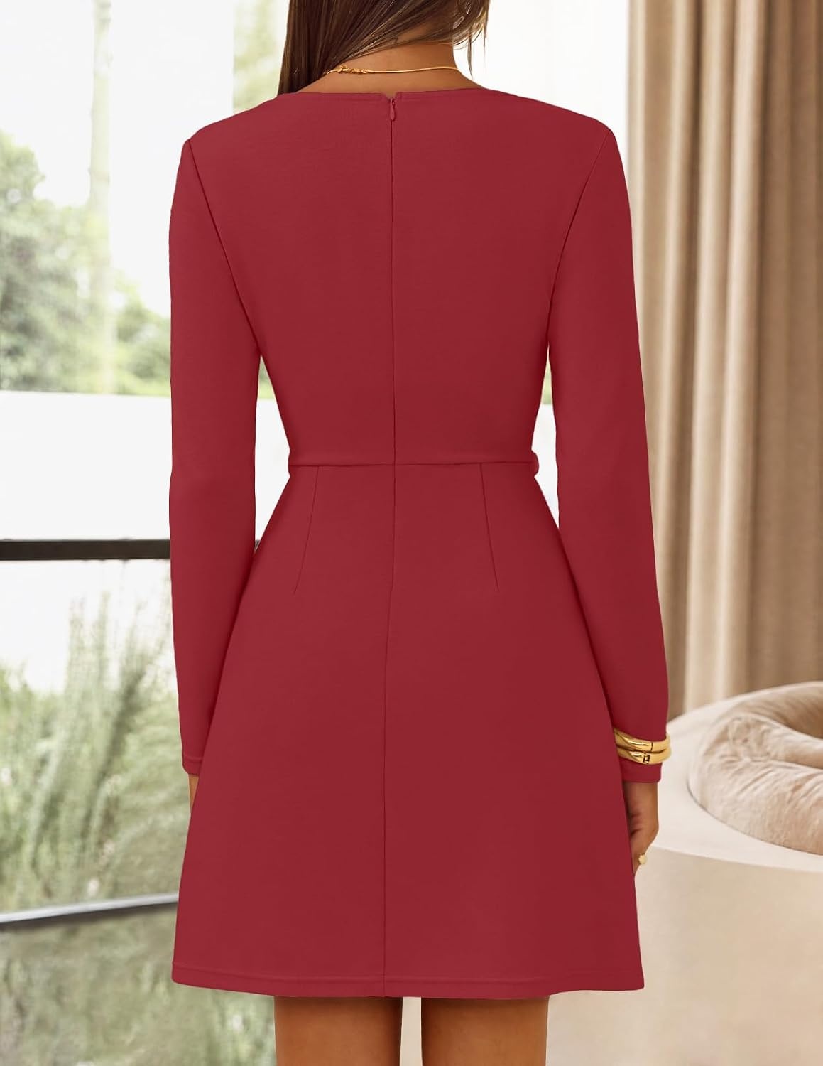 image:imageMEROKEETY Womens Fall Business Casual Work Office Long Sleeve Mini DressWine