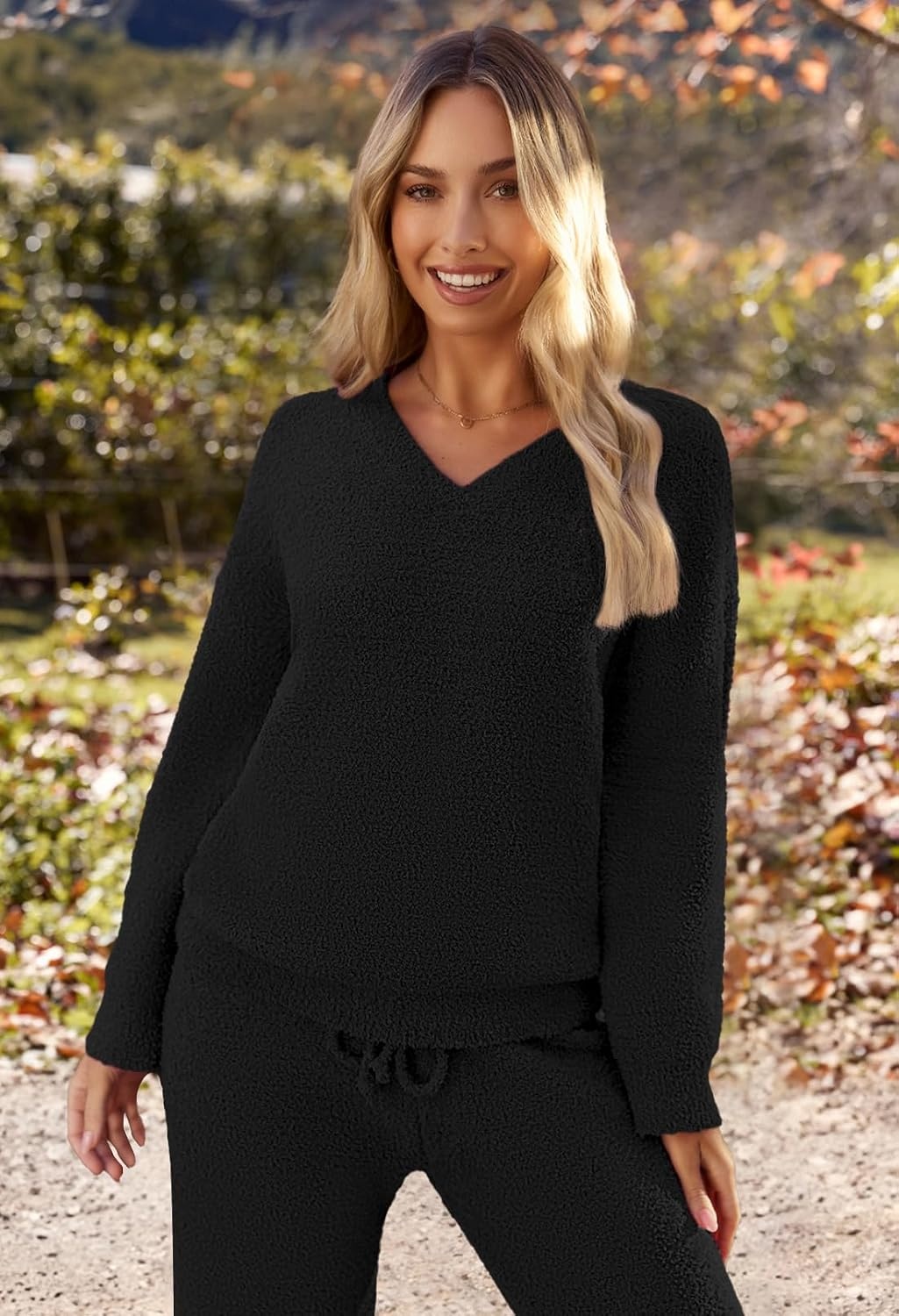 image:imageMEROKEETY Womens Fall Fleece 2 Piece Outfits Pajama Lounge SetsBlack