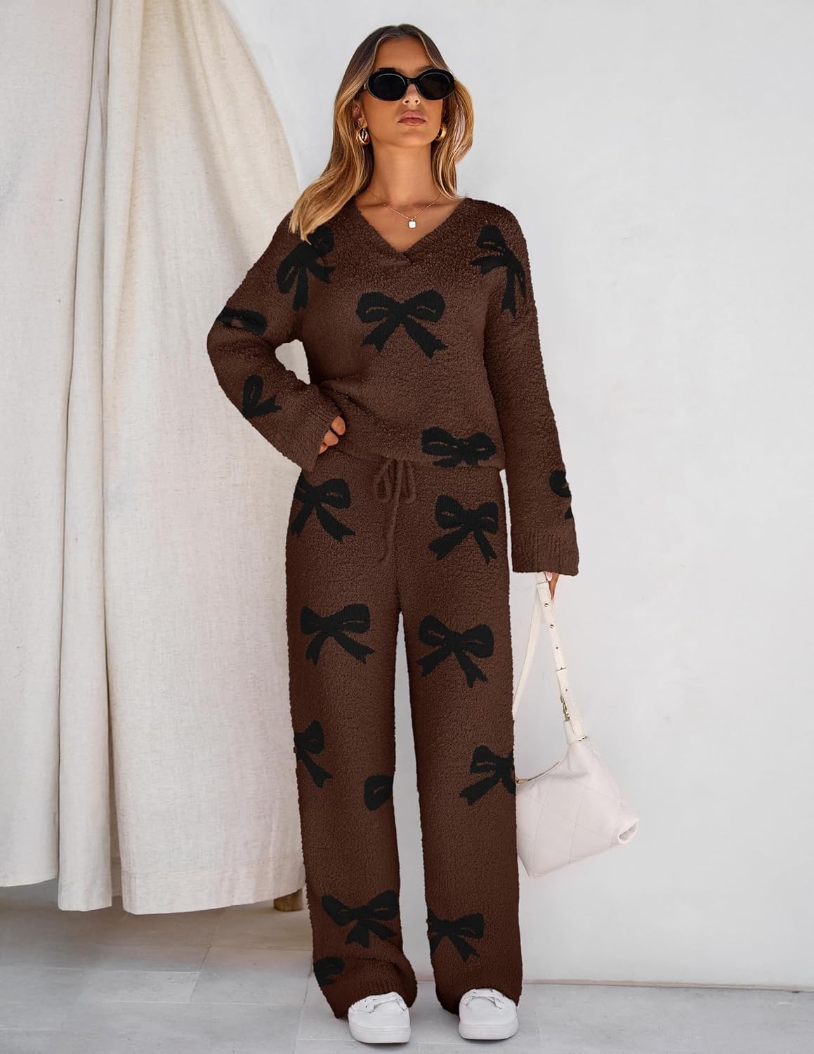 image:imageMEROKEETY Womens Fall Fleece 2 Piece Outfits Pajama Lounge SetsBowcoffee