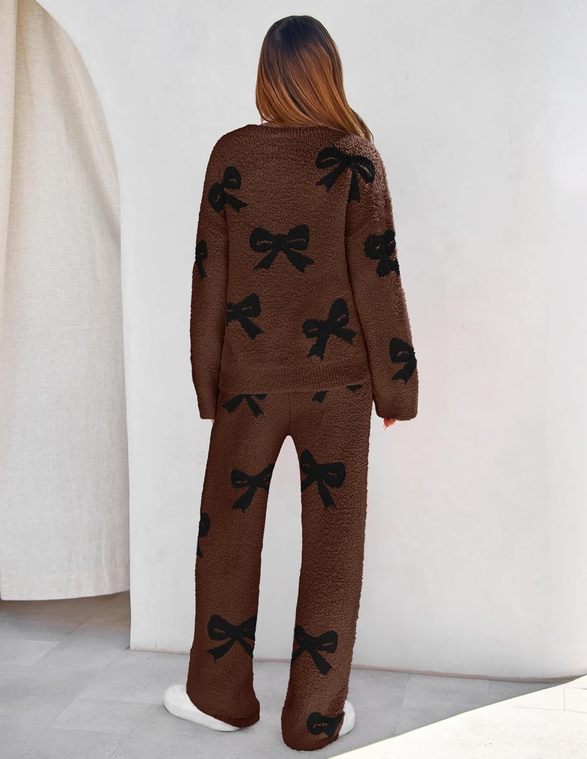 image:imageMEROKEETY Womens Fall Fleece 2 Piece Outfits Pajama Lounge SetsBowcoffee