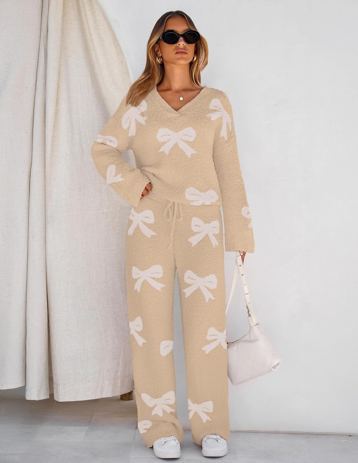 image:imageMEROKEETY Womens Fall Fleece 2 Piece Outfits Pajama Lounge SetsBowkhaki