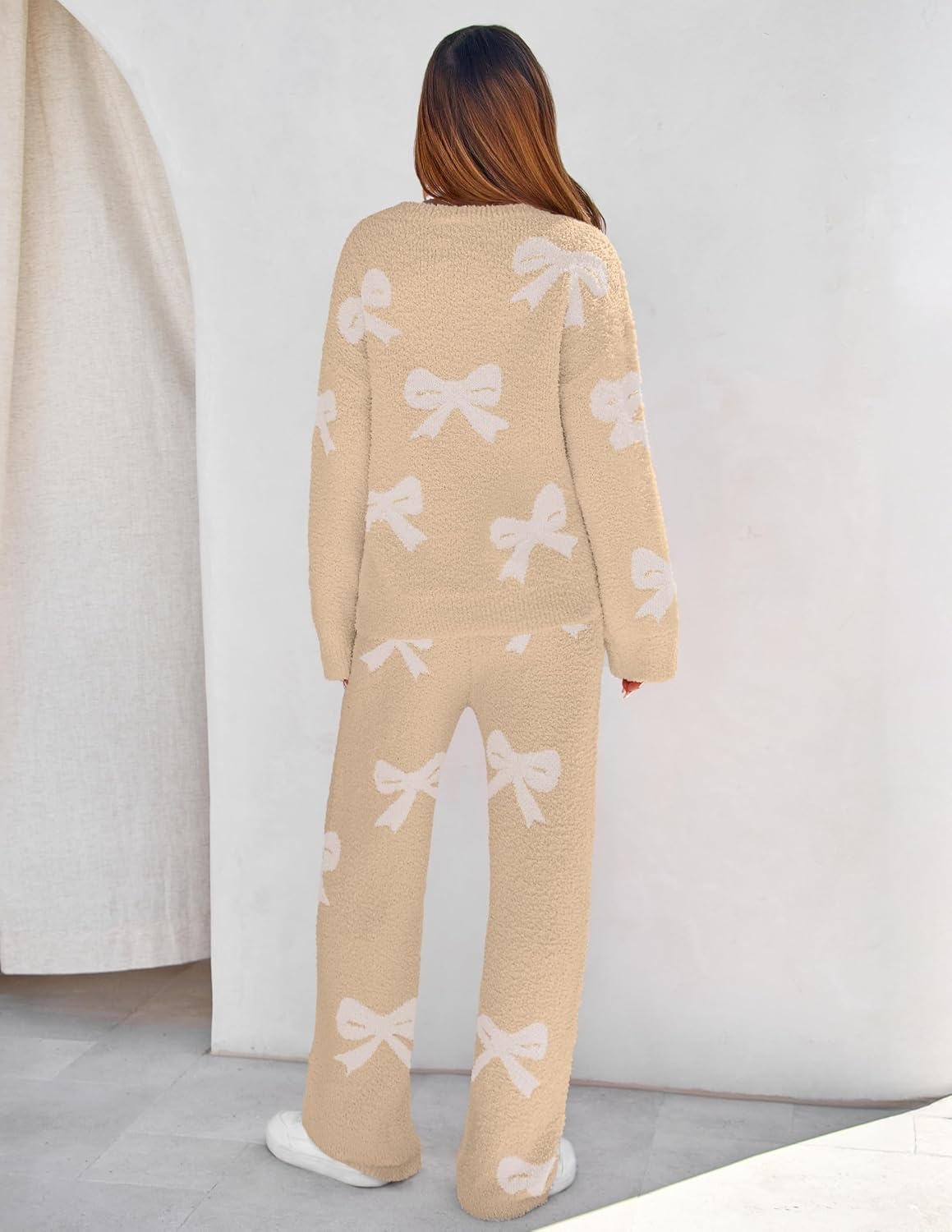 image:imageMEROKEETY Womens Fall Fleece 2 Piece Outfits Pajama Lounge SetsBowkhaki