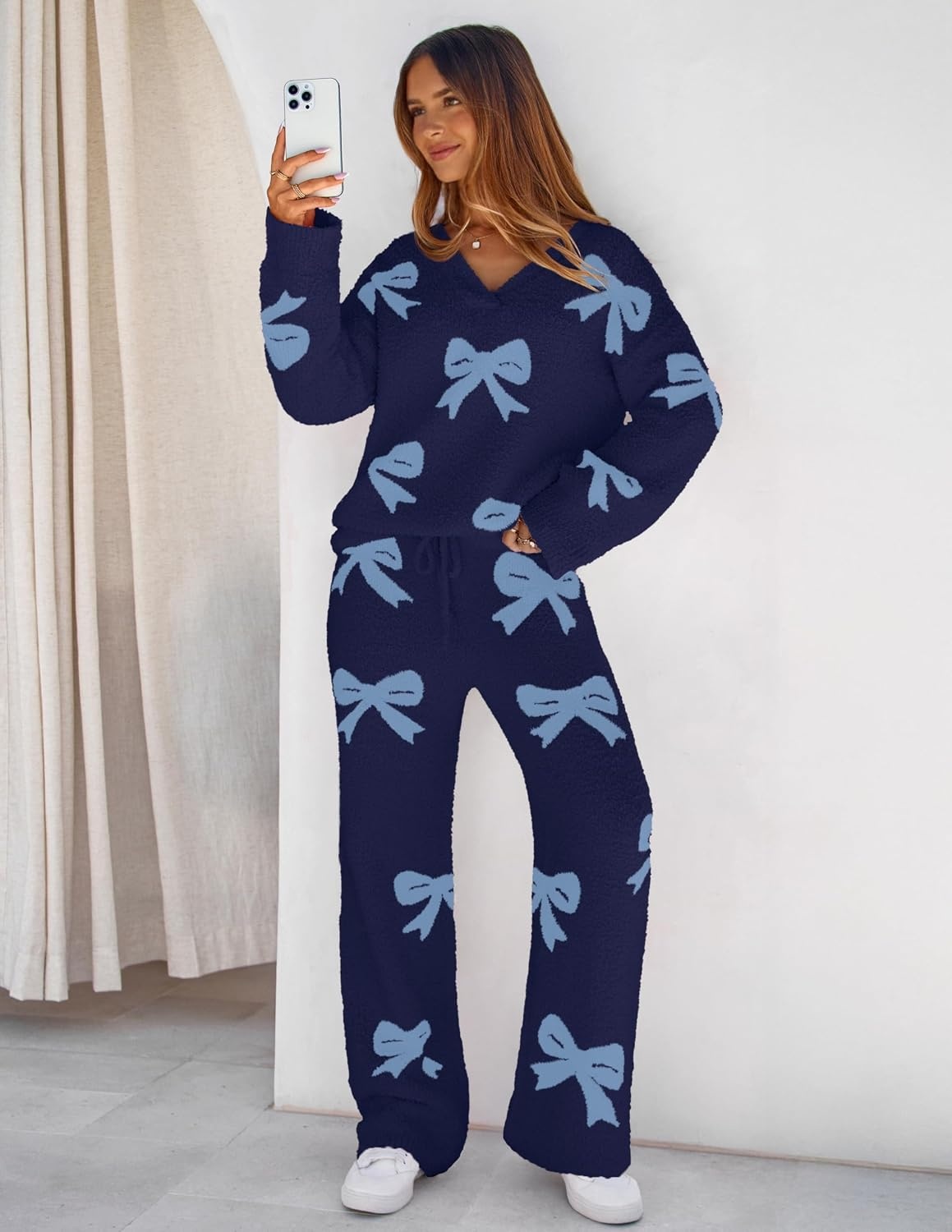image:imageMEROKEETY Womens Fall Fleece 2 Piece Outfits Pajama Lounge SetsBownavy