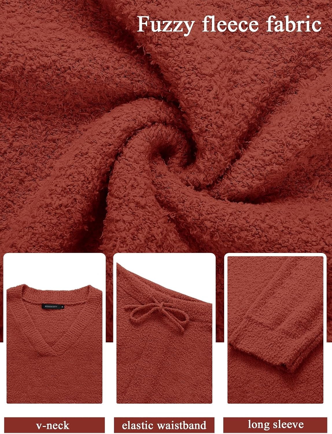 image:imageMEROKEETY Womens Fall Fleece 2 Piece Outfits Pajama Lounge SetsBrickred