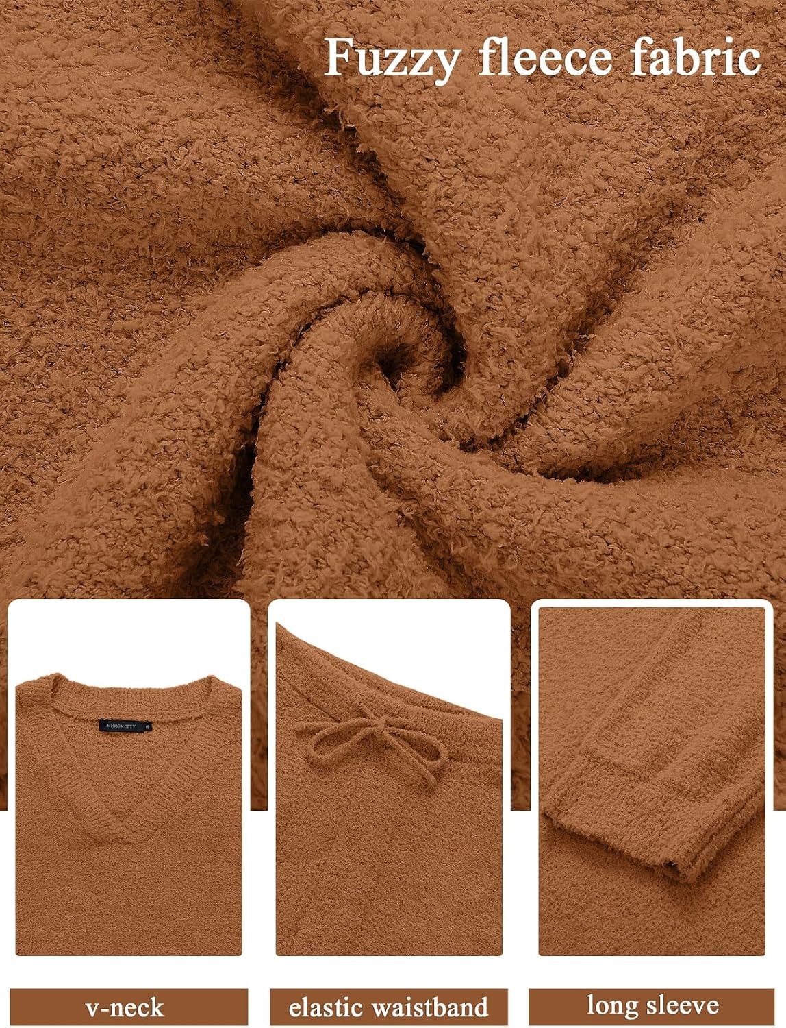 image:imageMEROKEETY Womens Fall Fleece 2 Piece Outfits Pajama Lounge SetsBrown