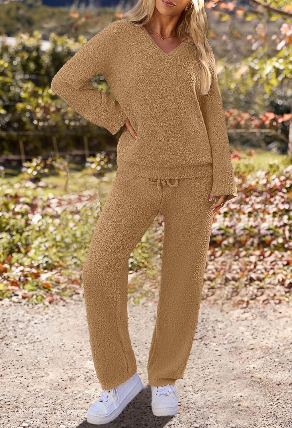 image:imageMEROKEETY Womens Fall Fleece 2 Piece Outfits Pajama Lounge SetsCamel