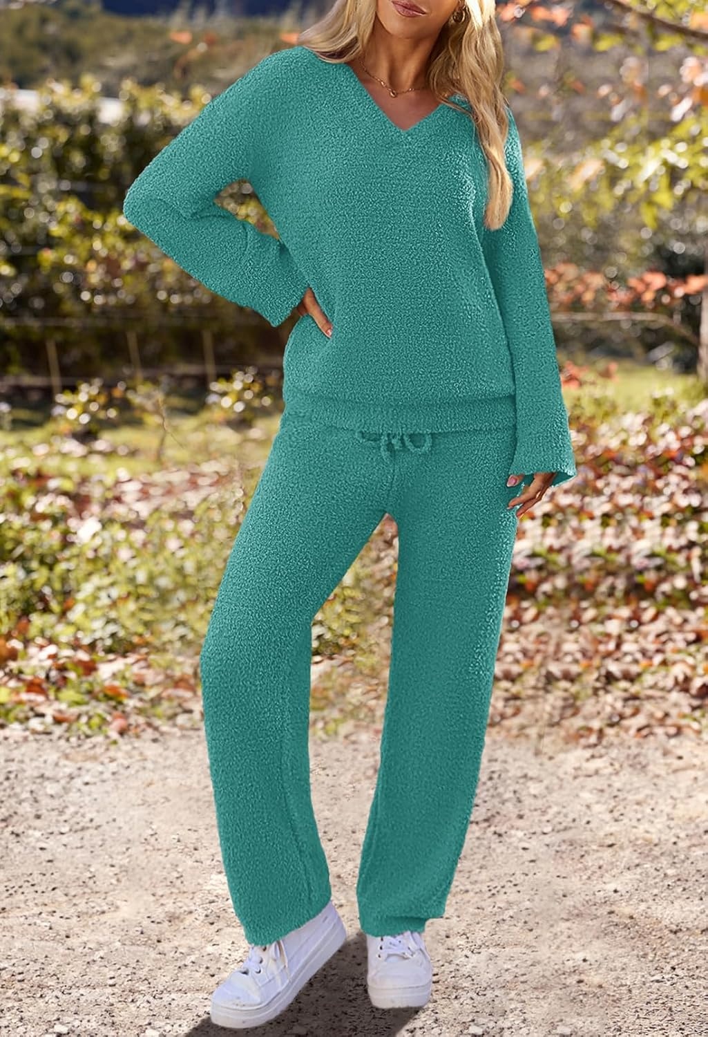 image:imageMEROKEETY Womens Fall Fleece 2 Piece Outfits Pajama Lounge SetsLakeblue