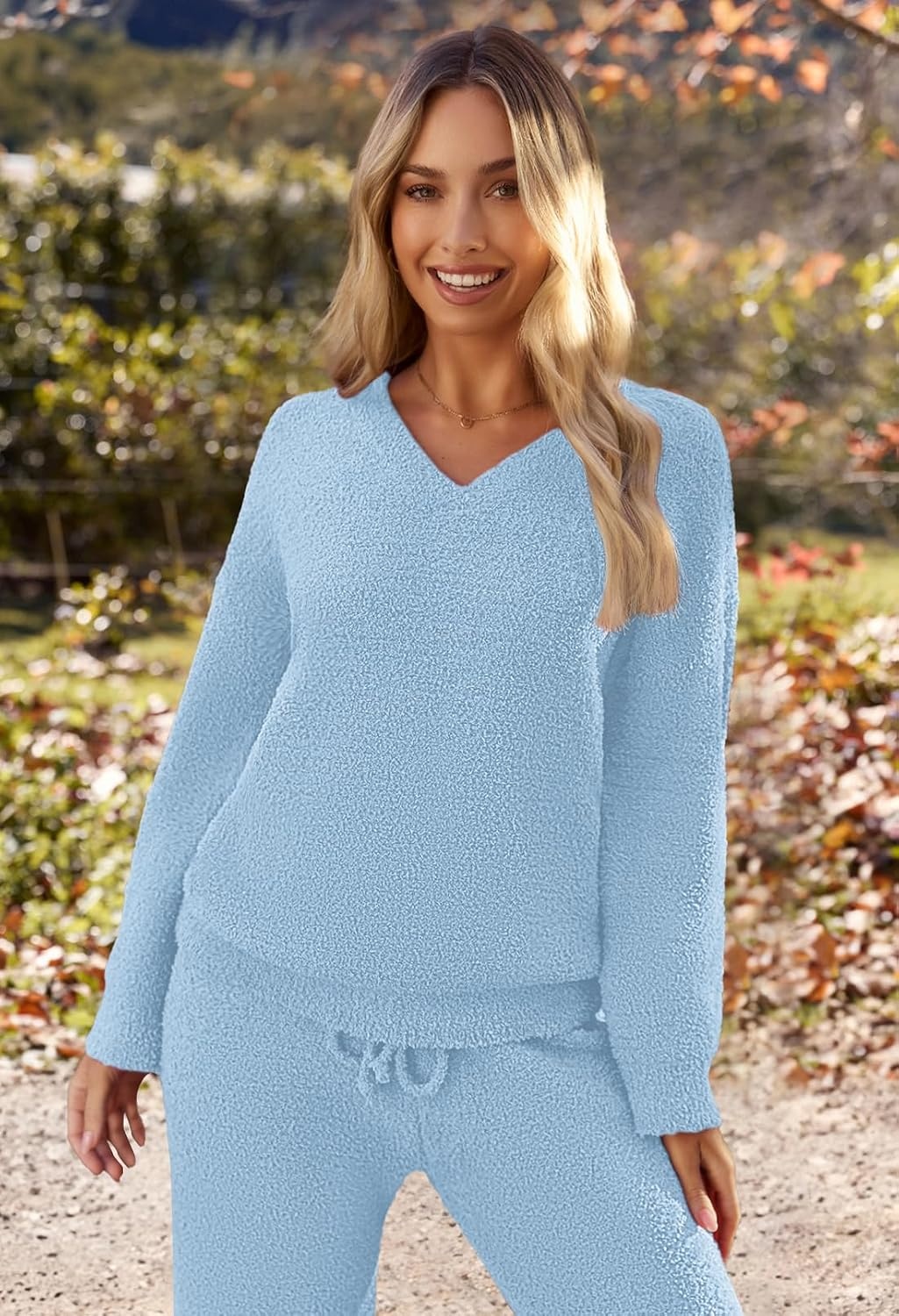 image:imageMEROKEETY Womens Fall Fleece 2 Piece Outfits Pajama Lounge SetsLightblue