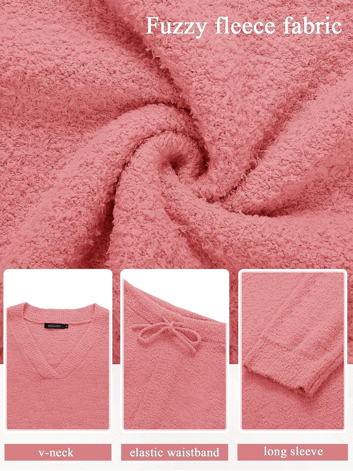 image:imageMEROKEETY Womens Fall Fleece 2 Piece Outfits Pajama Lounge SetsLightcoral