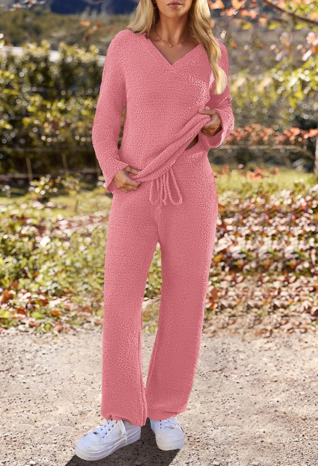 image:imageMEROKEETY Womens Fall Fleece 2 Piece Outfits Pajama Lounge SetsLightcoral
