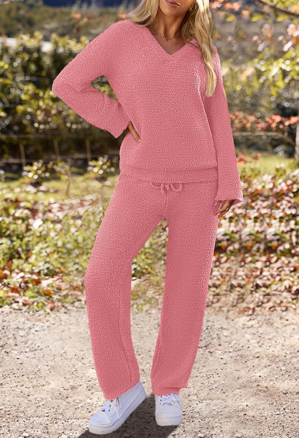 image:imageMEROKEETY Womens Fall Fleece 2 Piece Outfits Pajama Lounge SetsLightcoral