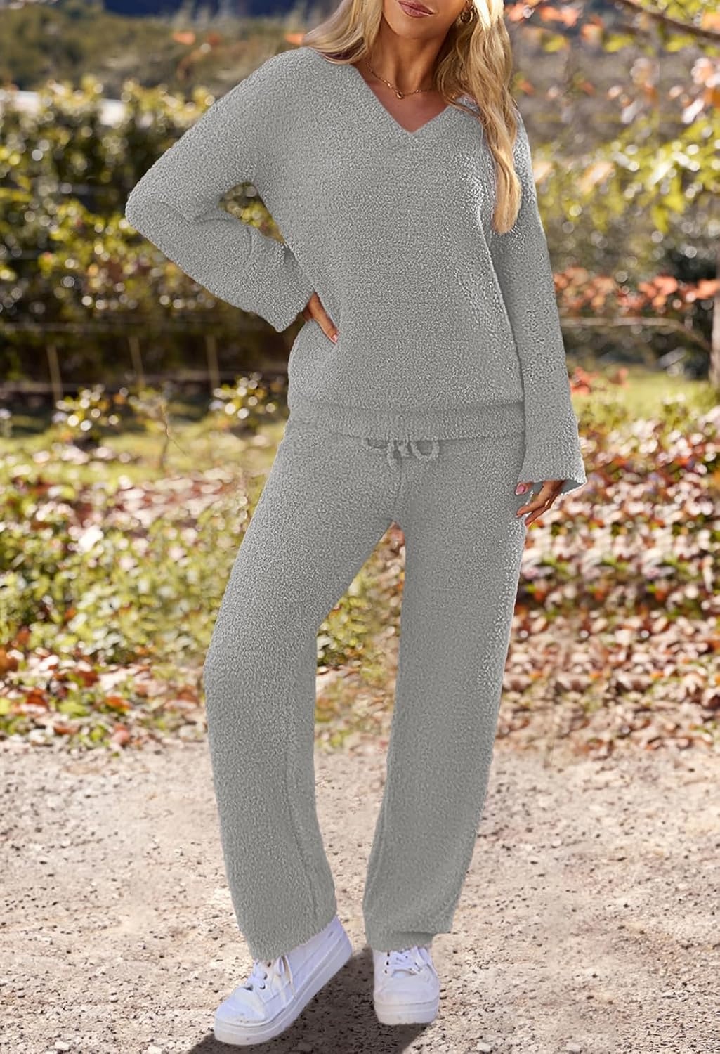 image:imageMEROKEETY Womens Fall Fleece 2 Piece Outfits Pajama Lounge SetsLightgrey