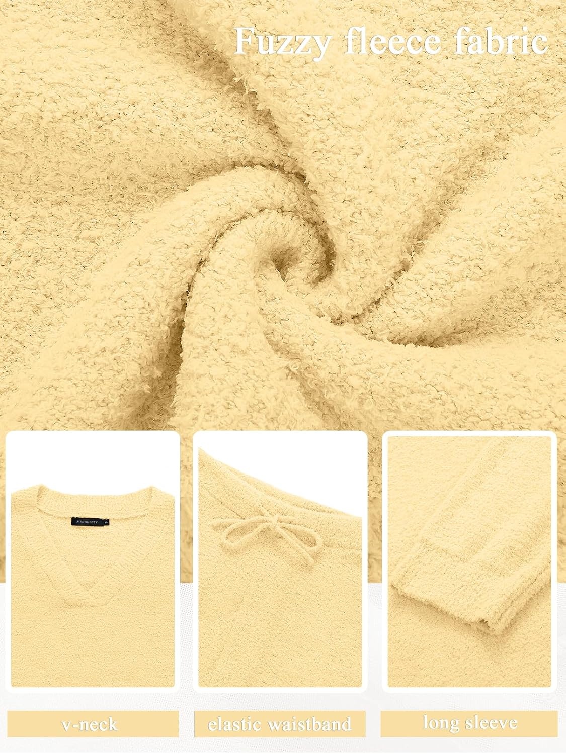 image:imageMEROKEETY Womens Fall Fleece 2 Piece Outfits Pajama Lounge SetsLightyellow
