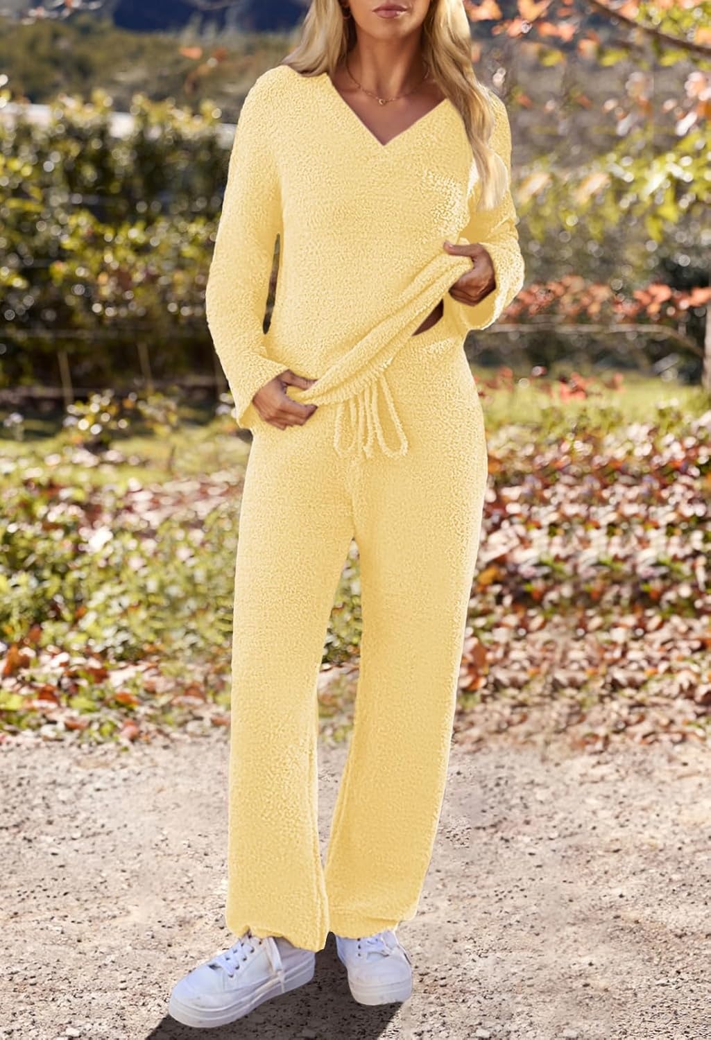 image:imageMEROKEETY Womens Fall Fleece 2 Piece Outfits Pajama Lounge SetsLightyellow