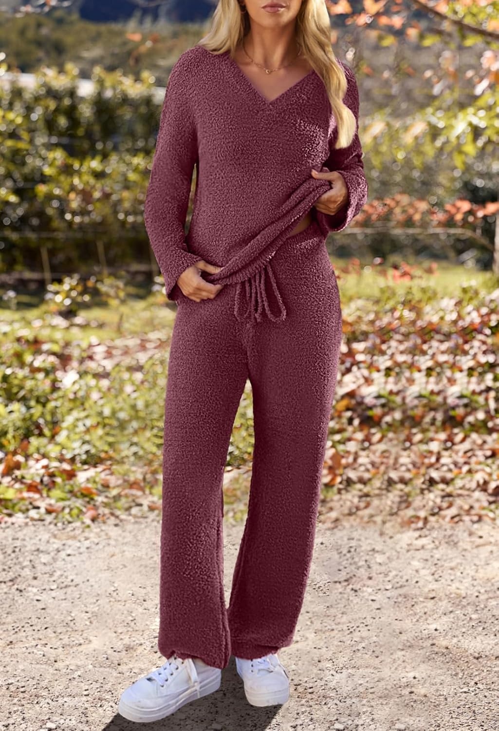 image:imageMEROKEETY Womens Fall Fleece 2 Piece Outfits Pajama Lounge SetsMarron