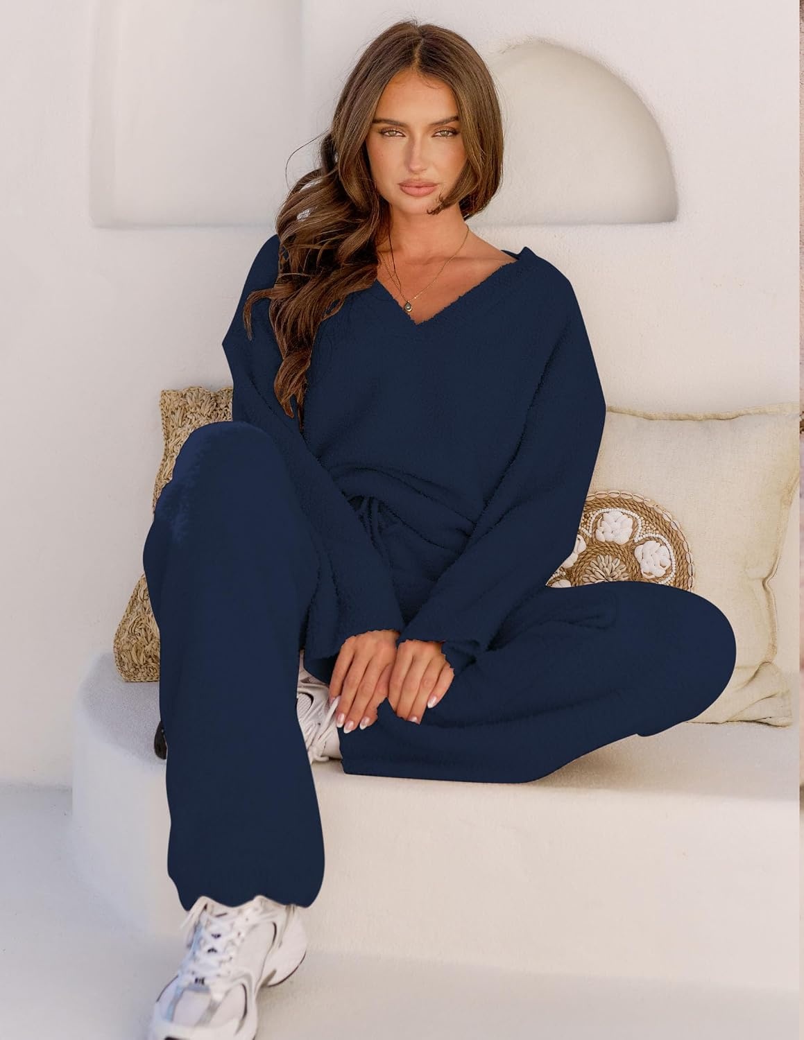 image:imageMEROKEETY Womens Fall Fleece 2 Piece Outfits Pajama Lounge SetsNavy