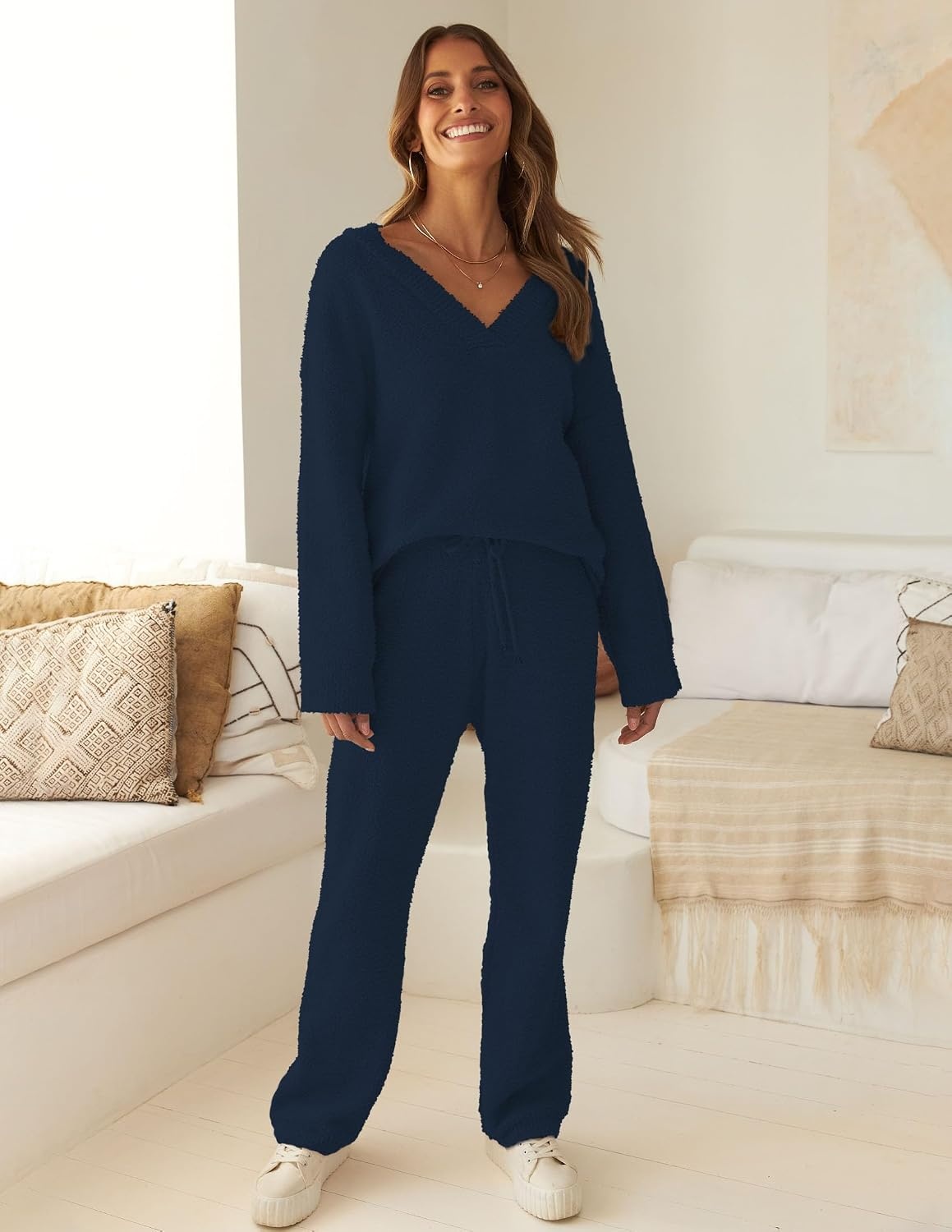 image:imageMEROKEETY Womens Fall Fleece 2 Piece Outfits Pajama Lounge SetsNavy