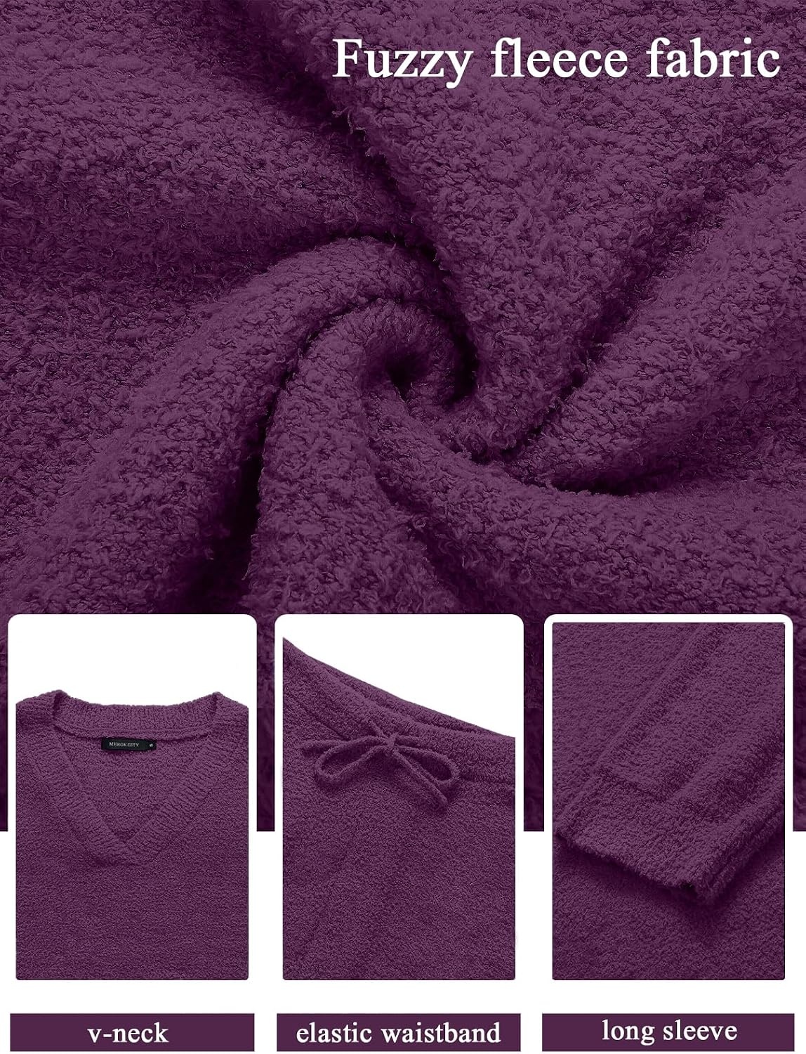 image:imageMEROKEETY Womens Fall Fleece 2 Piece Outfits Pajama Lounge SetsPlum