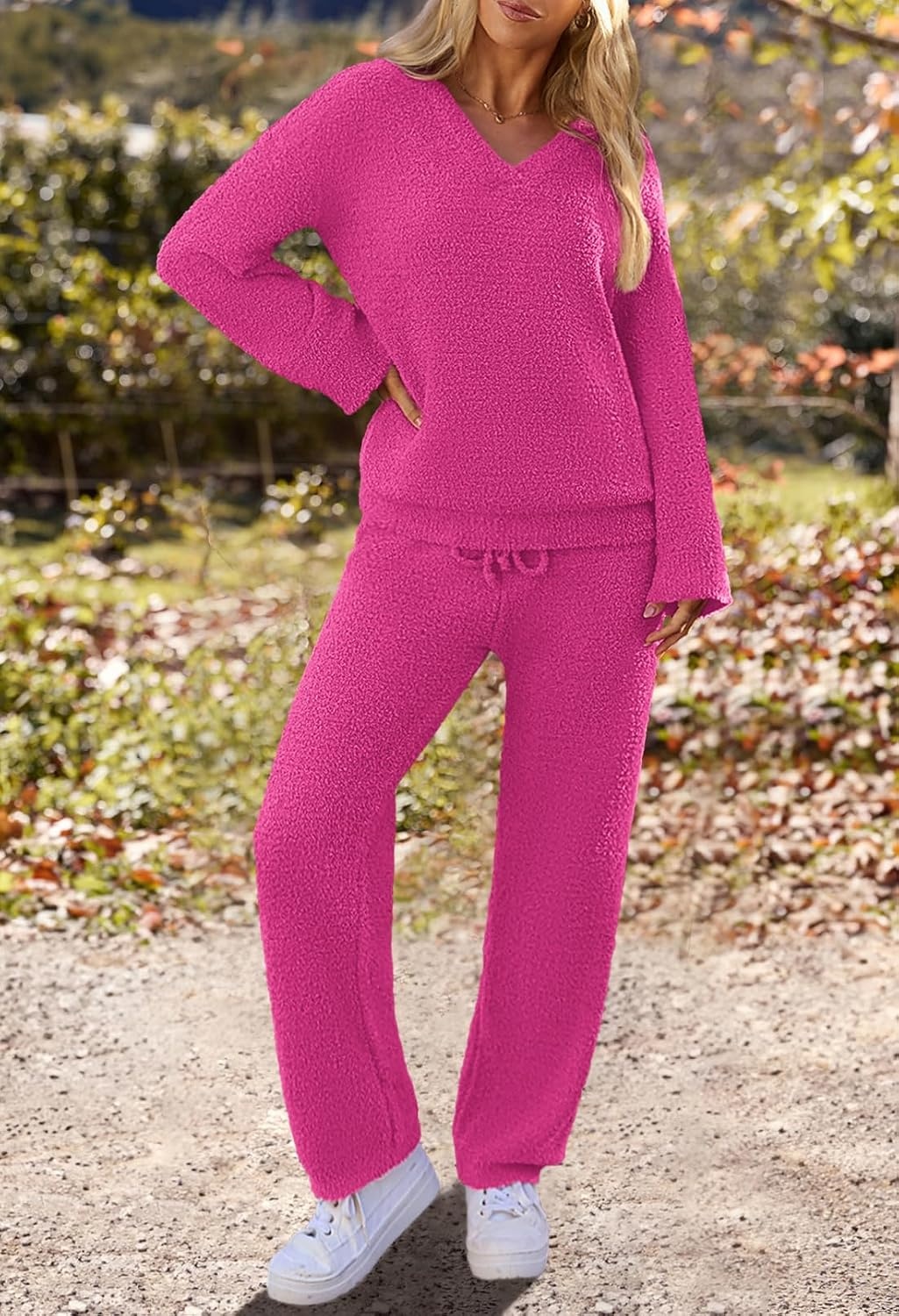 image:imageMEROKEETY Womens Fall Fleece 2 Piece Outfits Pajama Lounge SetsRose