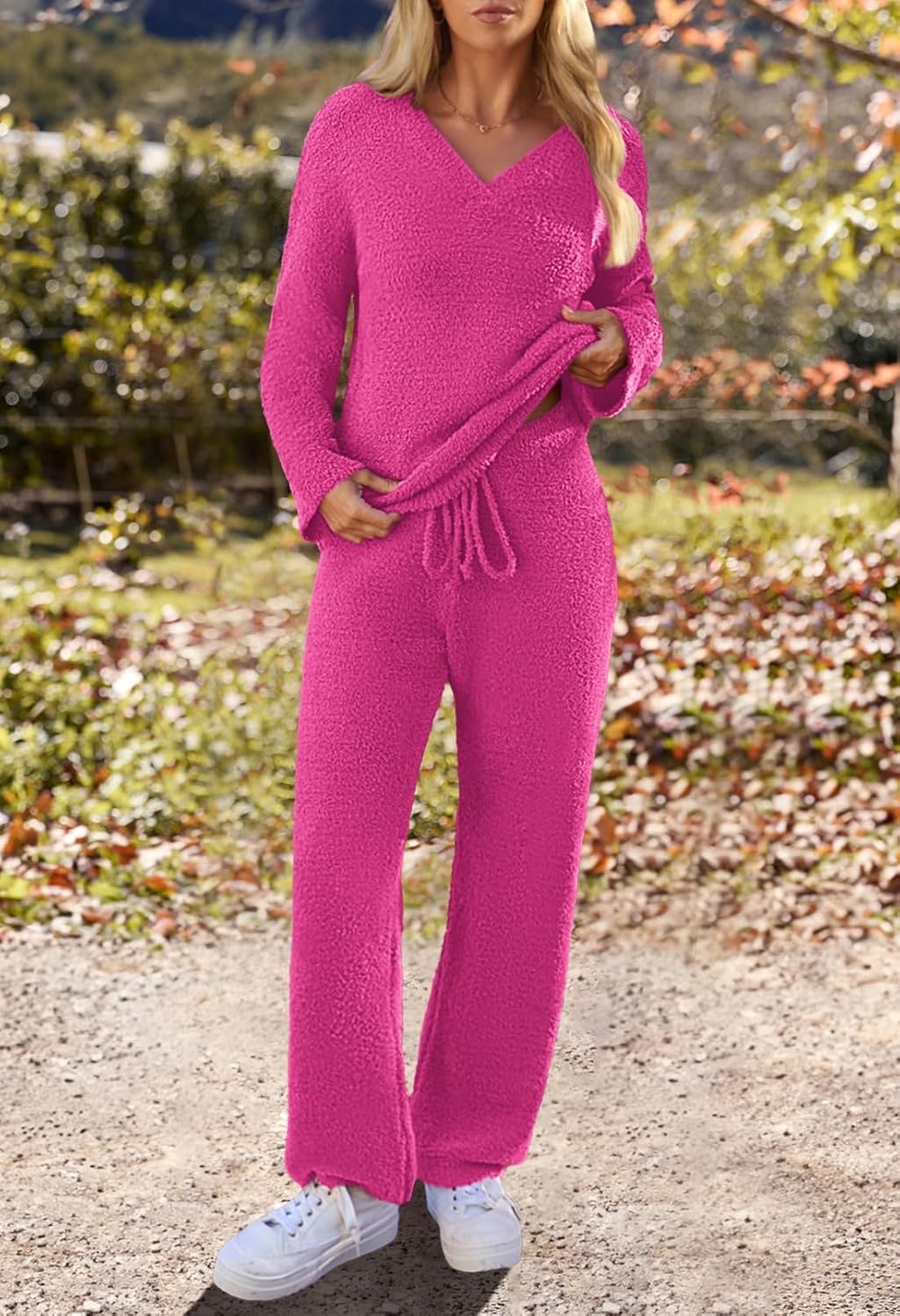 image:imageMEROKEETY Womens Fall Fleece 2 Piece Outfits Pajama Lounge SetsRose