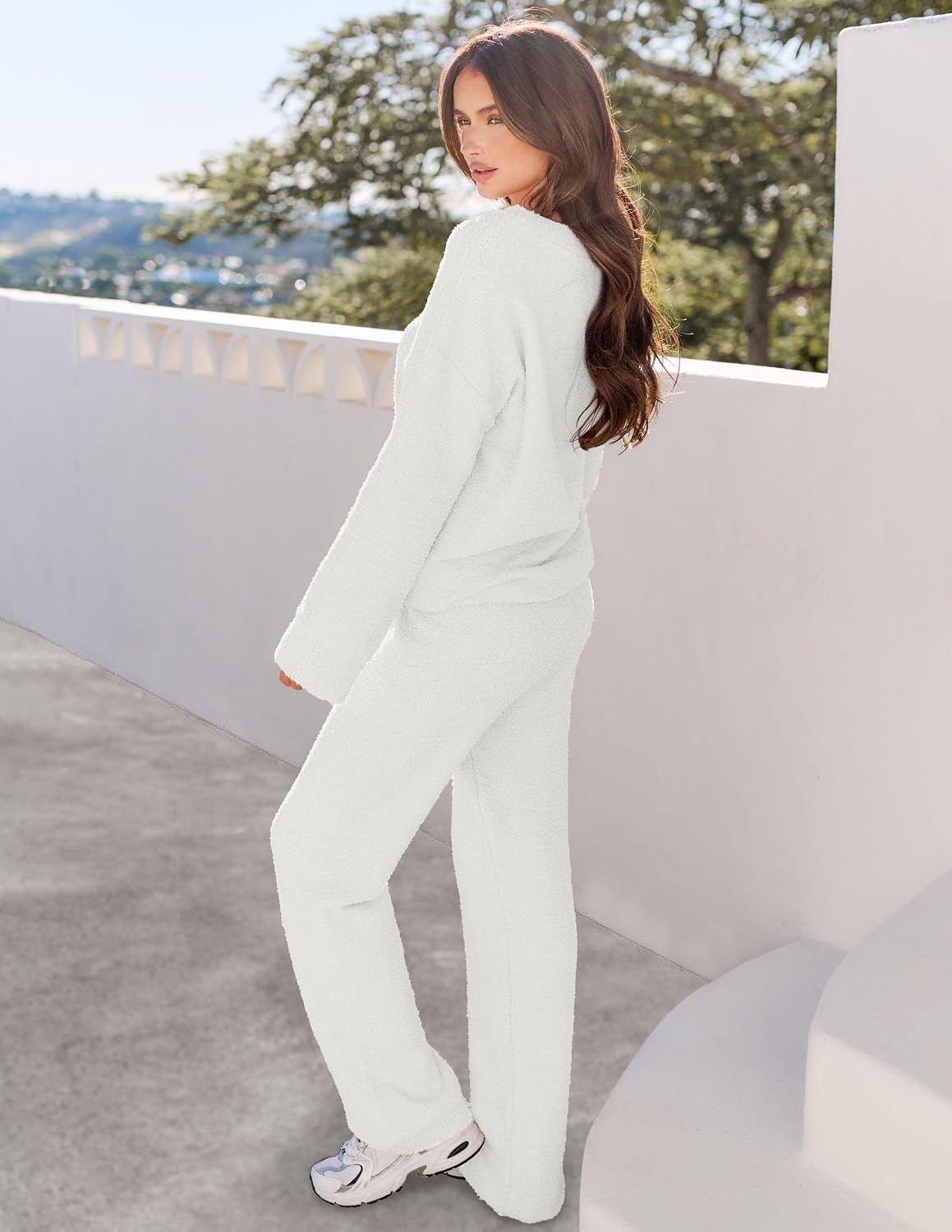 image:imageMEROKEETY Womens Fall Fleece 2 Piece Outfits Pajama Lounge SetsWhite