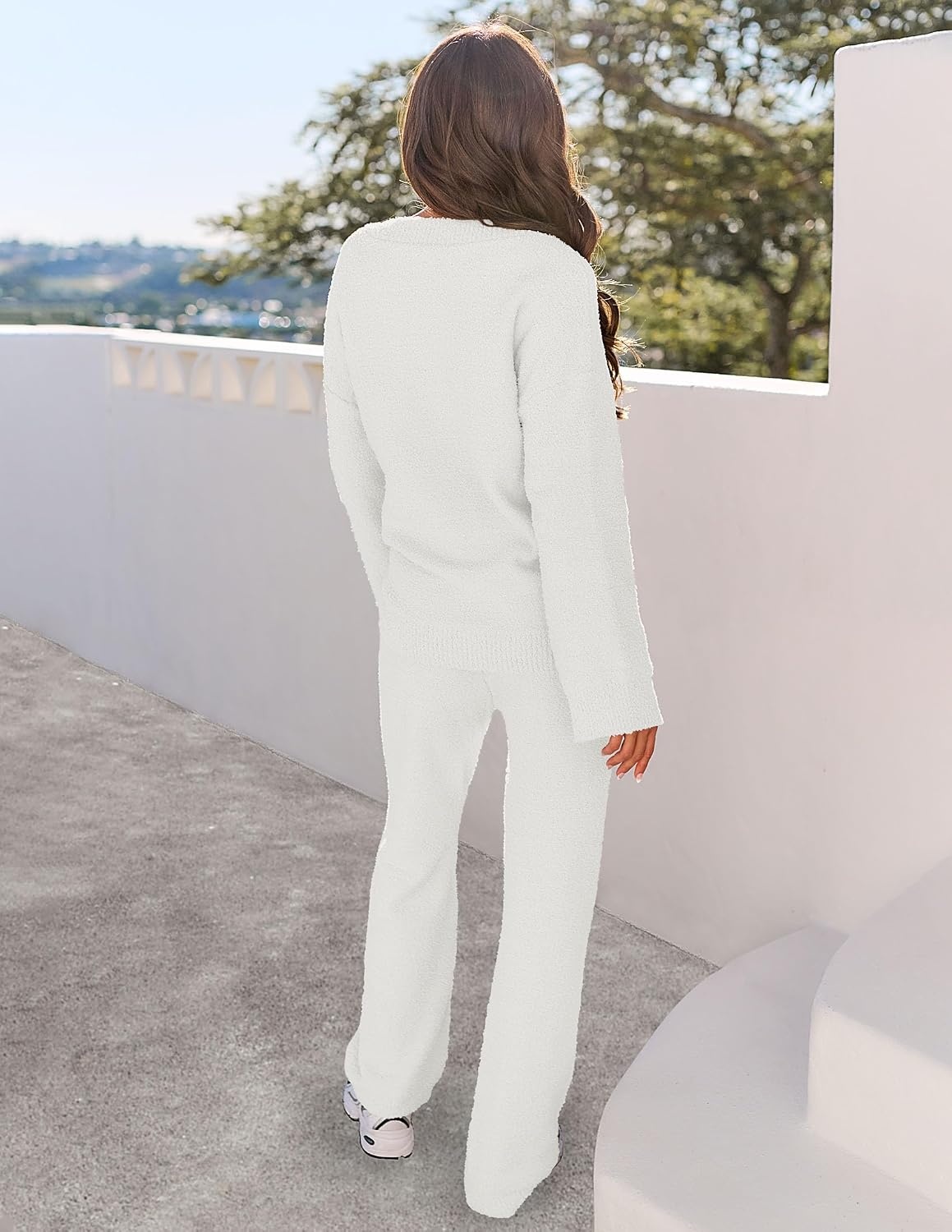 image:imageMEROKEETY Womens Fall Fleece 2 Piece Outfits Pajama Lounge SetsWhite