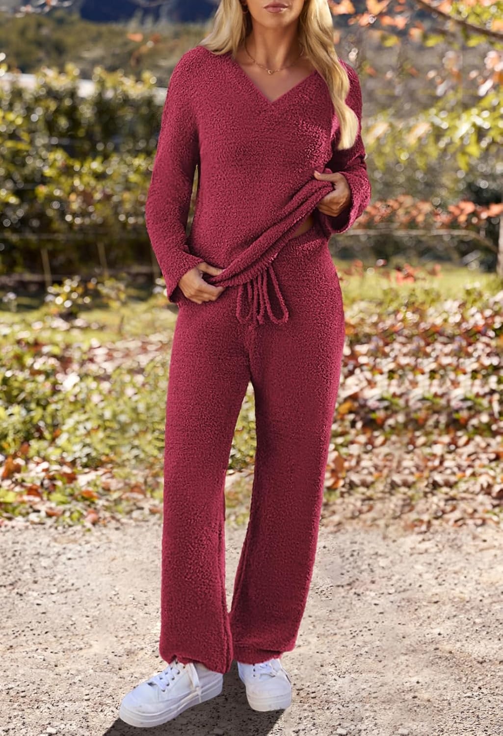 image:imageMEROKEETY Womens Fall Fleece 2 Piece Outfits Pajama Lounge SetsWine