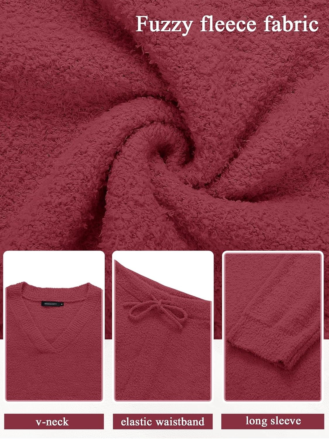 image:imageMEROKEETY Womens Fall Fleece 2 Piece Outfits Pajama Lounge SetsWine