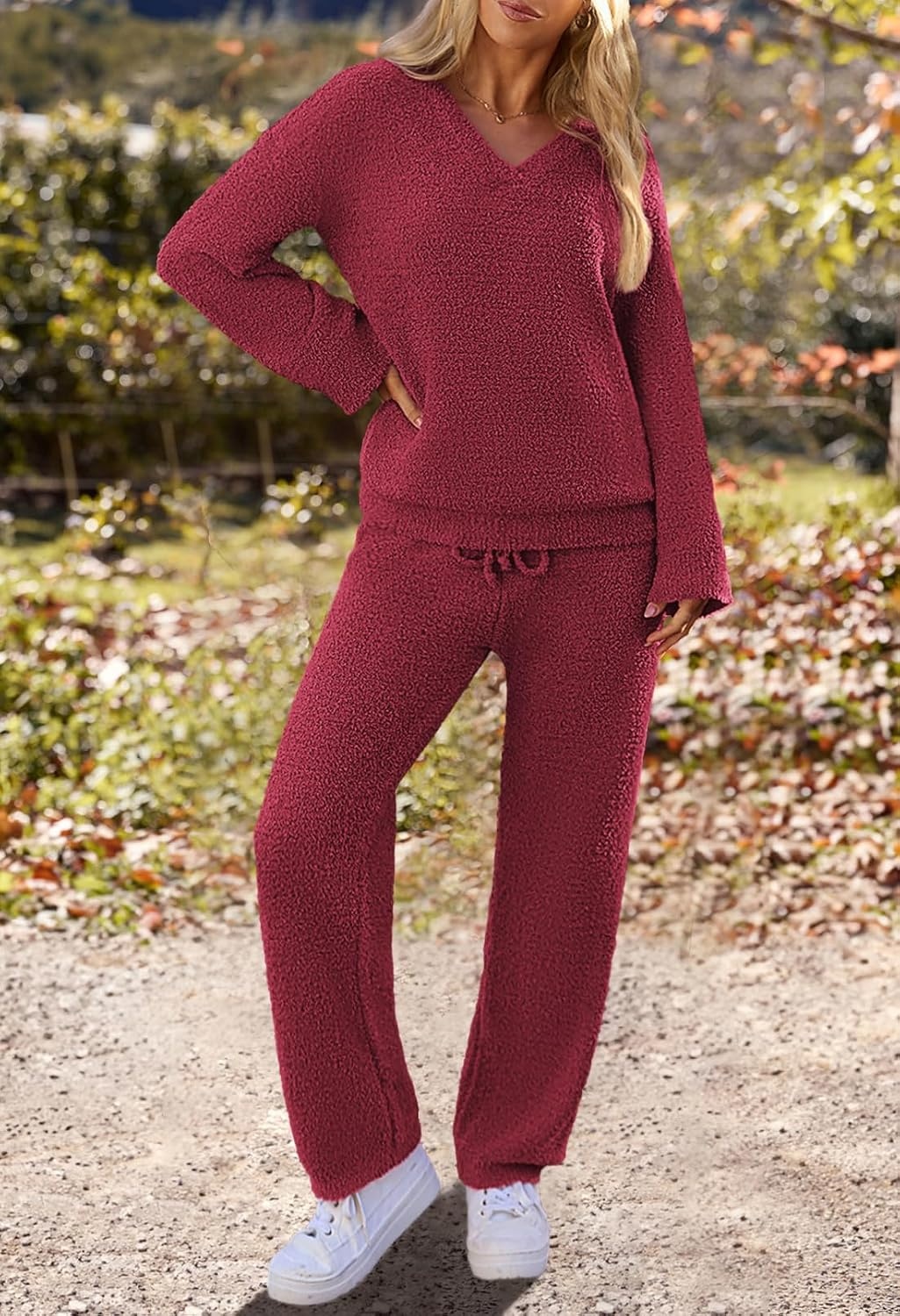 image:imageMEROKEETY Womens Fall Fleece 2 Piece Outfits Pajama Lounge SetsWine