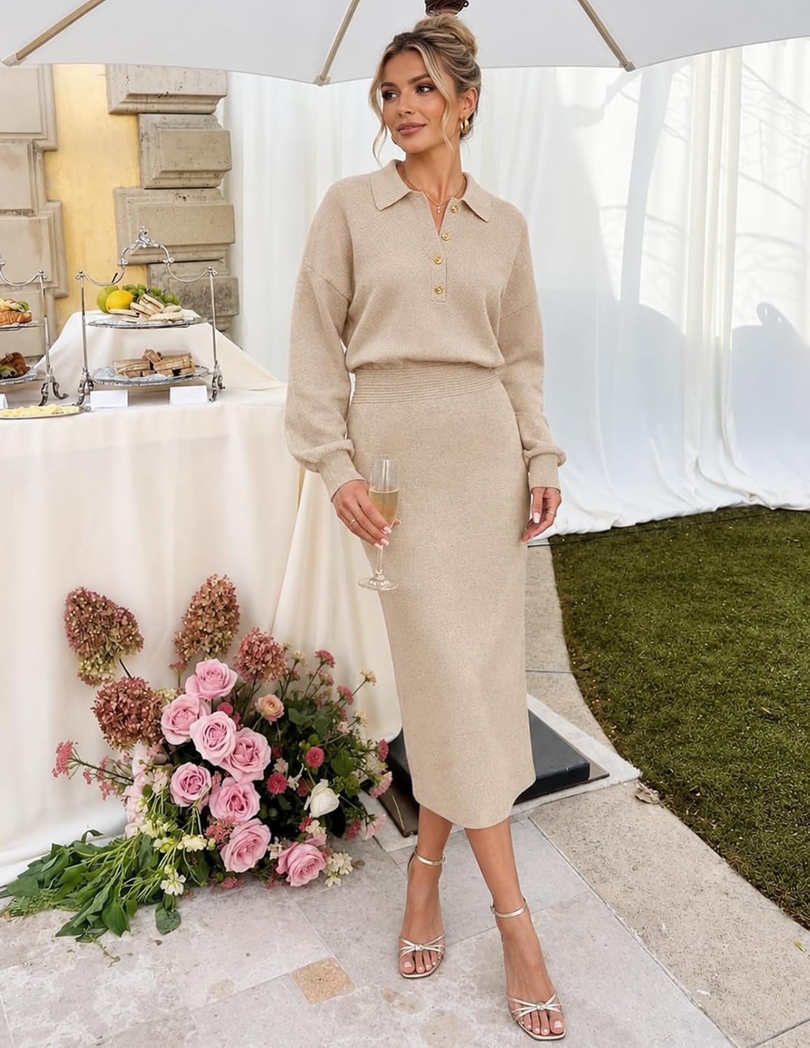 image:imageMEROKEETY Womens Fall Long Sleeve Bodycon Midi Sweater DressApricot
