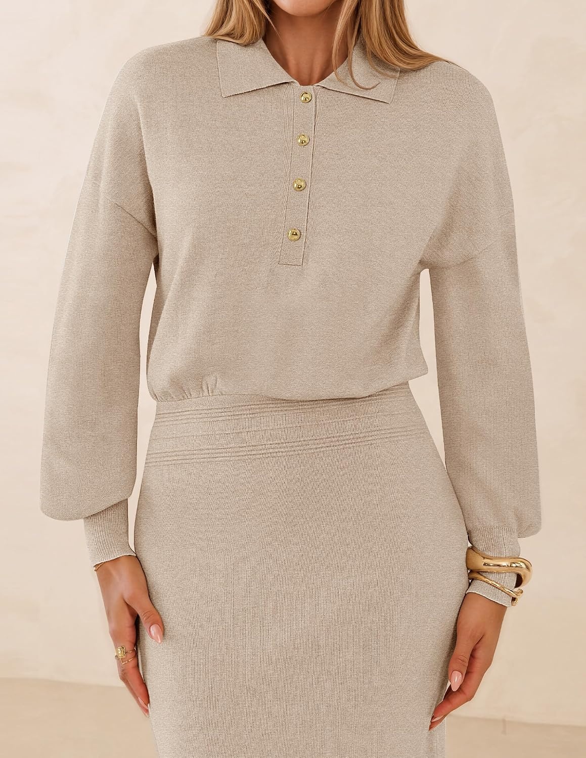 image:imageMEROKEETY Womens Fall Long Sleeve Bodycon Midi Sweater DressApricot