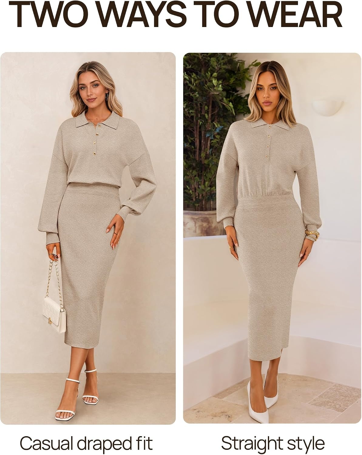 image:imageMEROKEETY Womens Fall Long Sleeve Bodycon Midi Sweater DressApricot