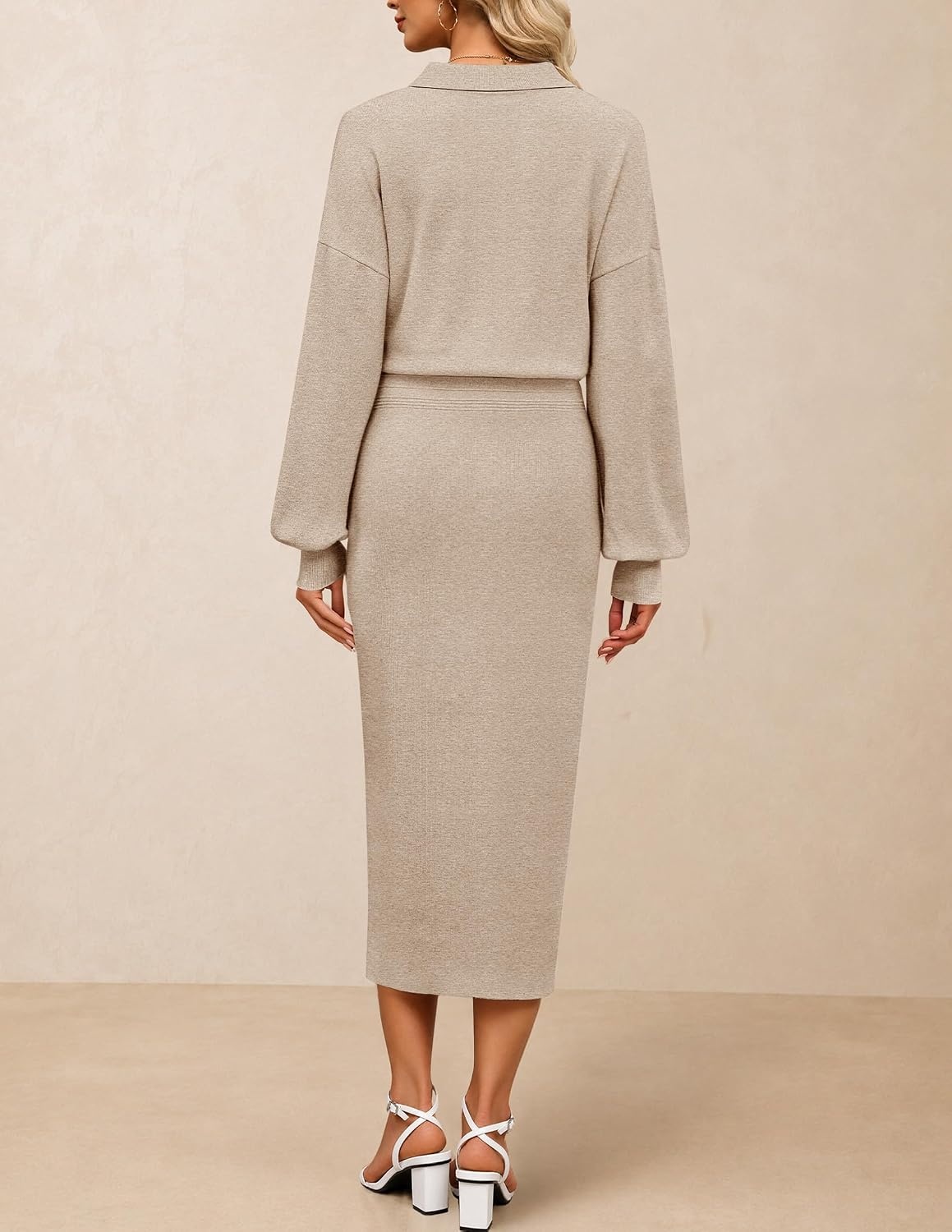 image:imageMEROKEETY Womens Fall Long Sleeve Bodycon Midi Sweater DressApricot
