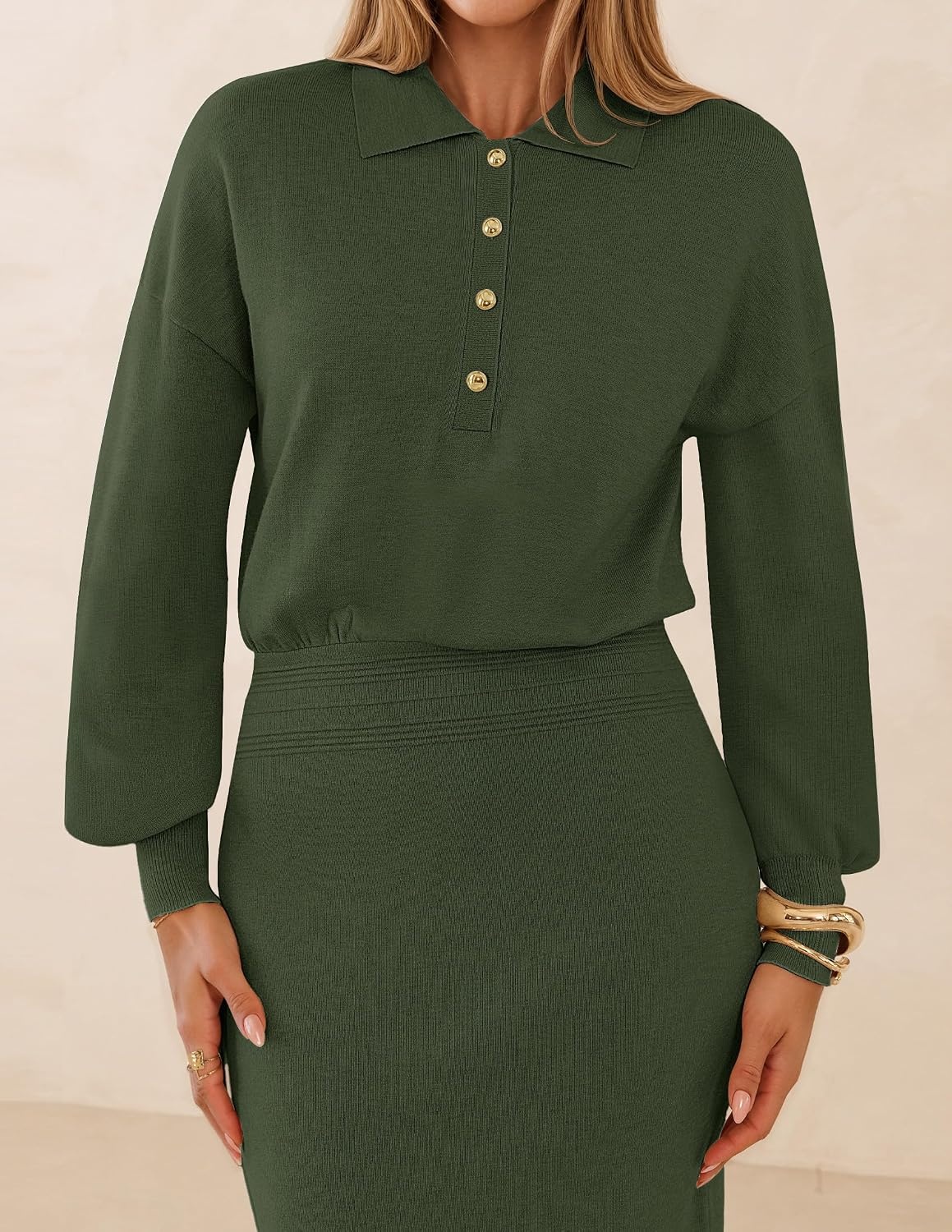 image:imageMEROKEETY Womens Fall Long Sleeve Bodycon Midi Sweater DressArmygreen