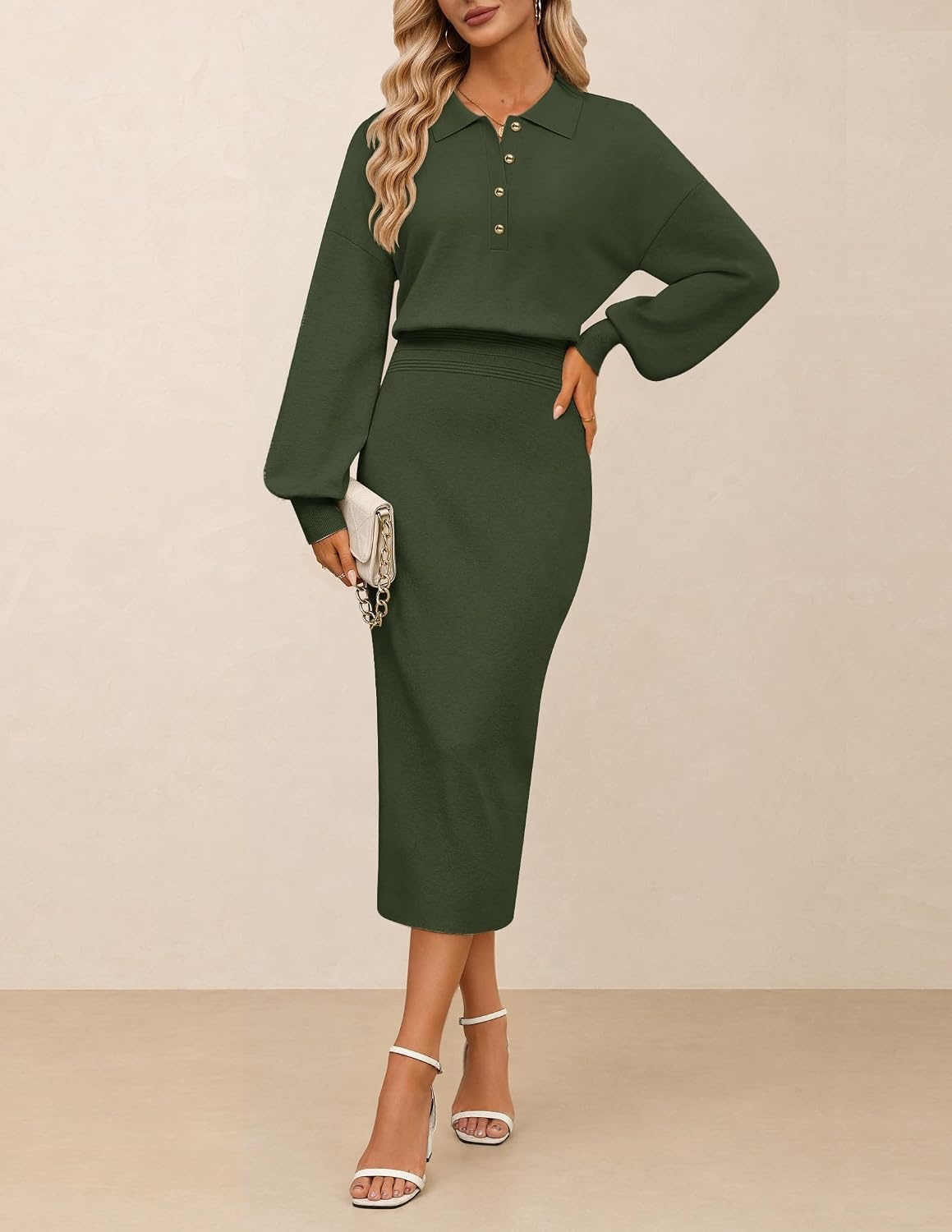 image:imageMEROKEETY Womens Fall Long Sleeve Bodycon Midi Sweater DressArmygreen
