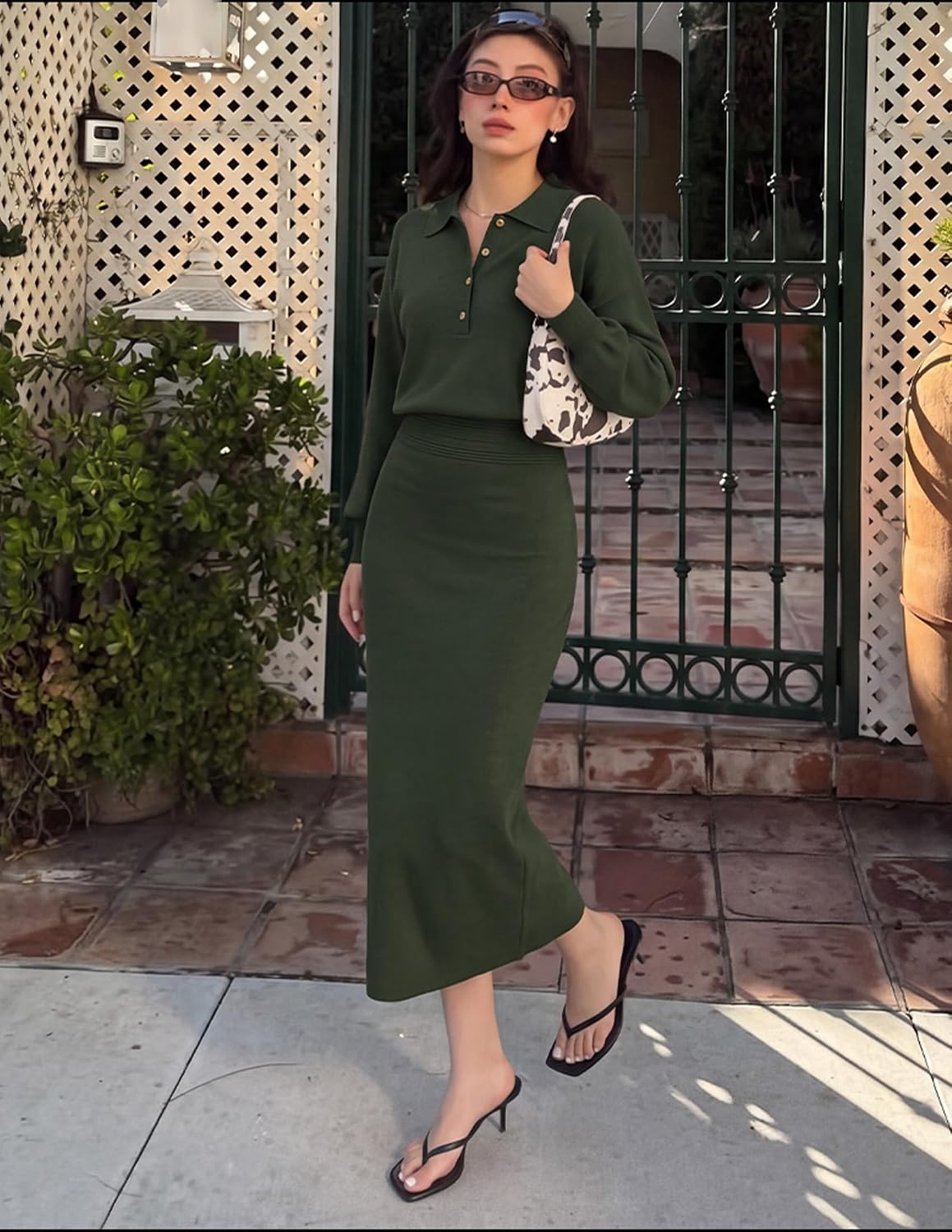 image:imageMEROKEETY Womens Fall Long Sleeve Bodycon Midi Sweater DressArmygreen