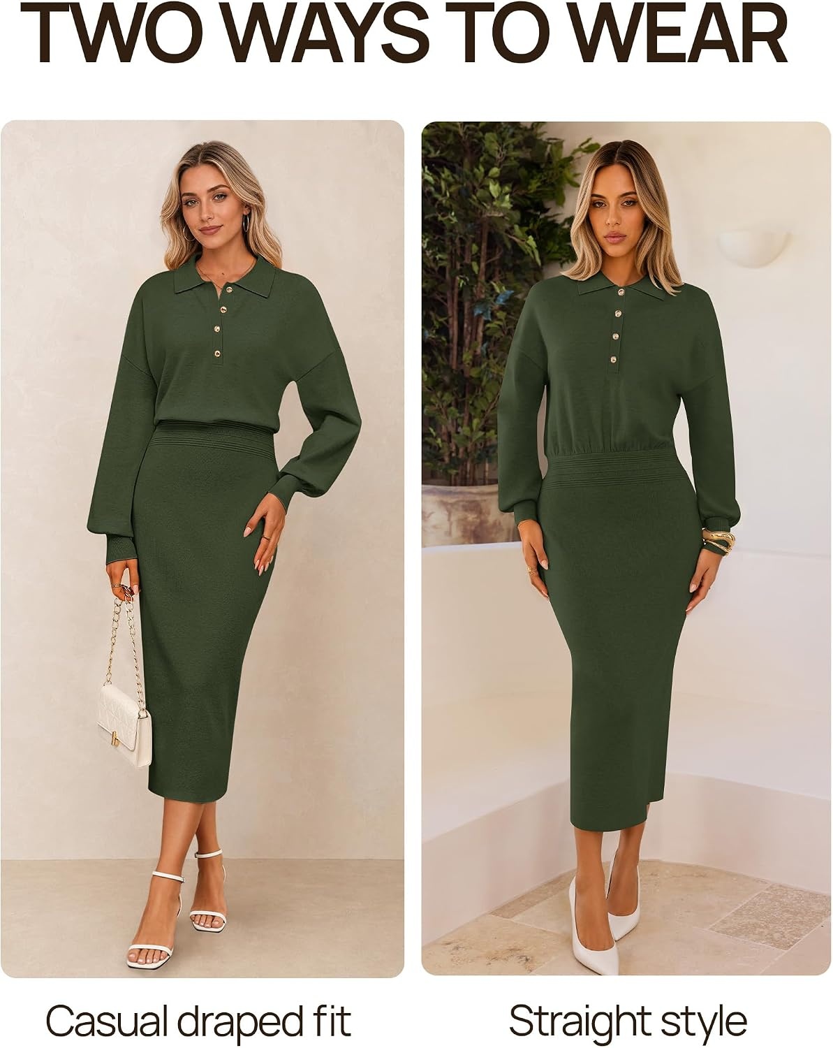image:imageMEROKEETY Womens Fall Long Sleeve Bodycon Midi Sweater DressArmygreen