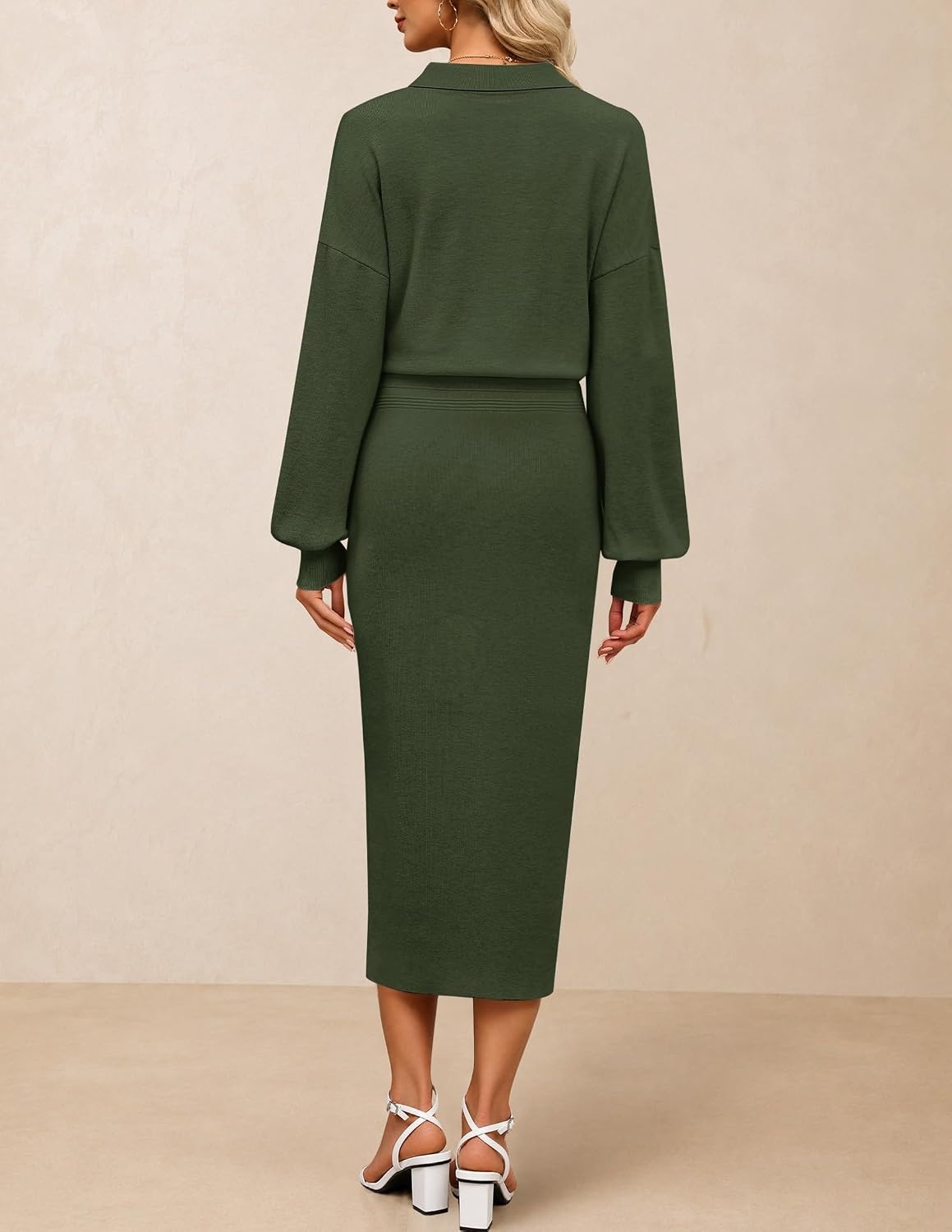image:imageMEROKEETY Womens Fall Long Sleeve Bodycon Midi Sweater DressArmygreen