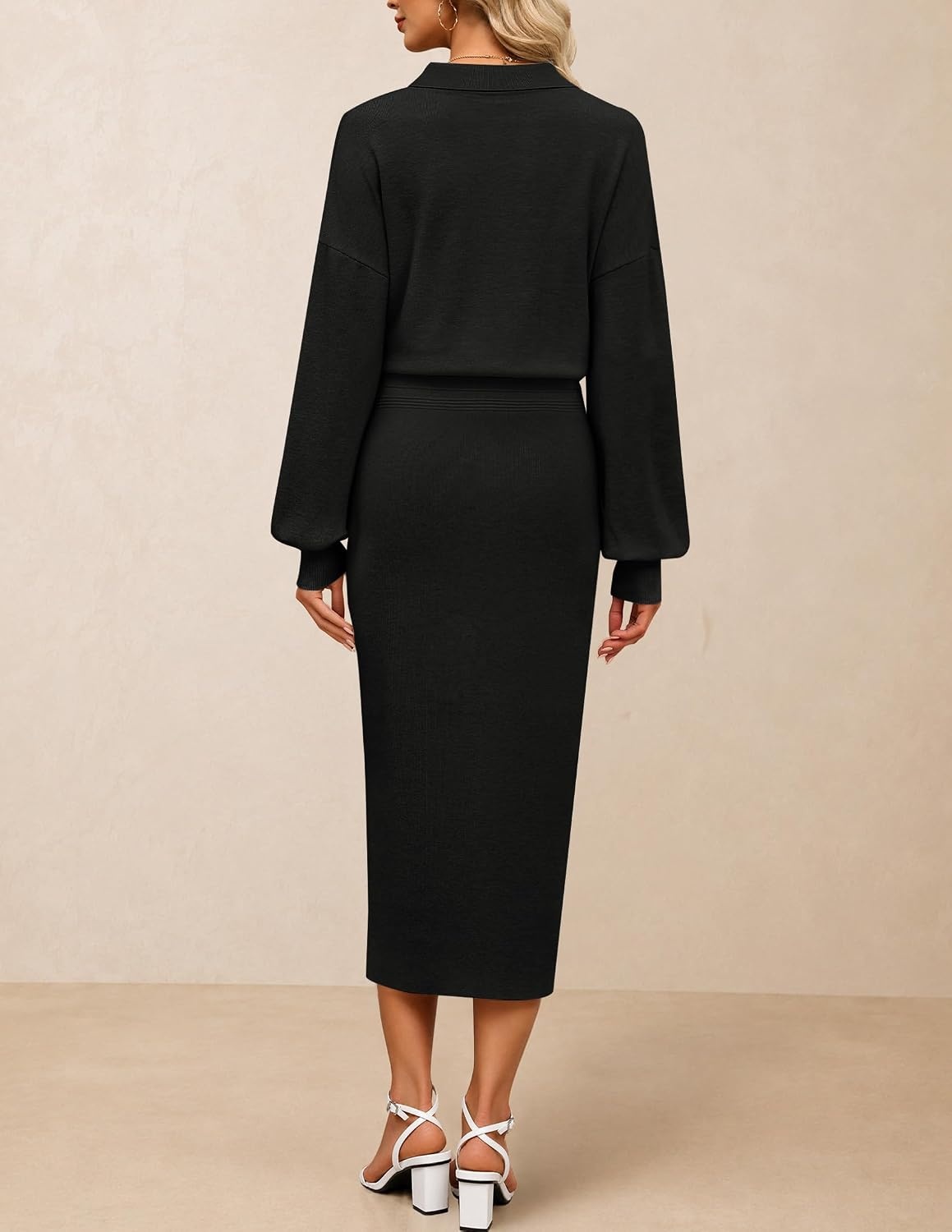 image:imageMEROKEETY Womens Fall Long Sleeve Bodycon Midi Sweater DressBlack