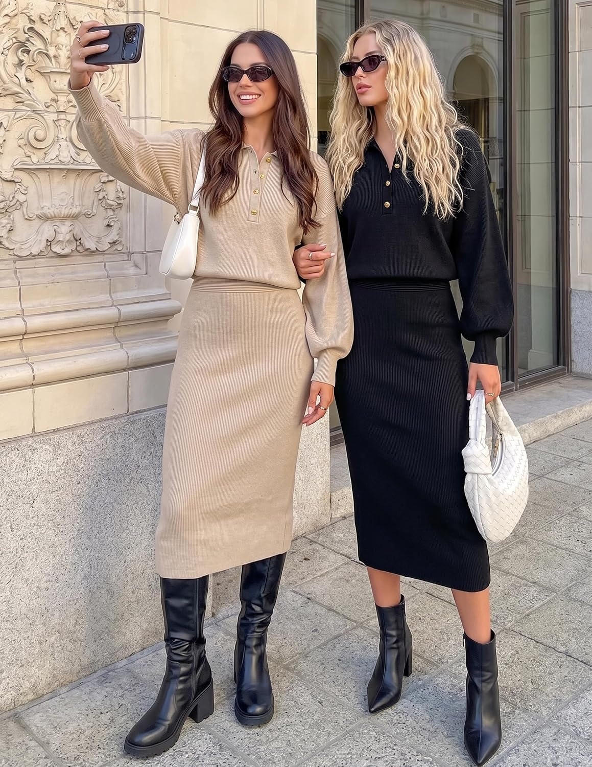 image:imageMEROKEETY Womens Fall Long Sleeve Bodycon Midi Sweater DressBlack