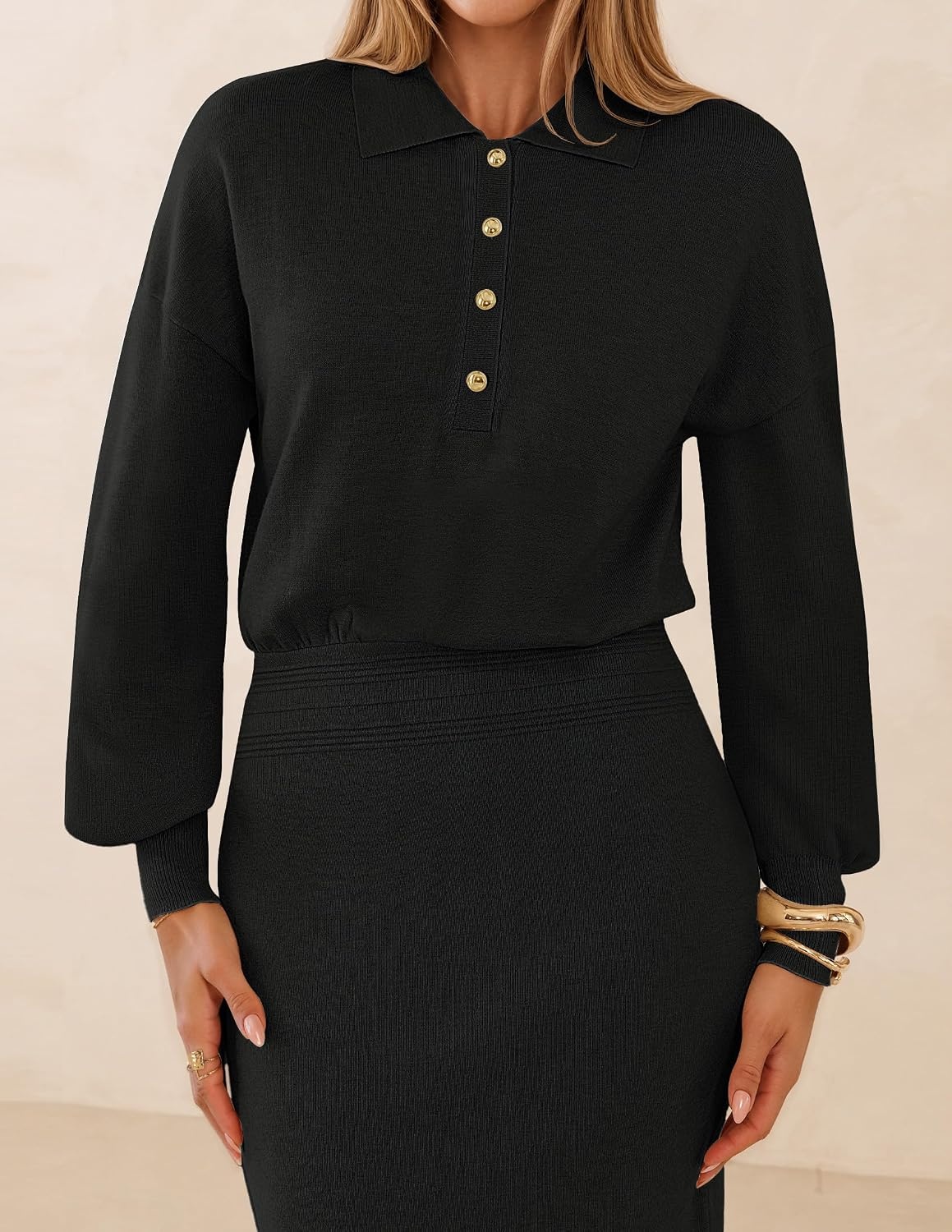 image:imageMEROKEETY Womens Fall Long Sleeve Bodycon Midi Sweater DressBlack