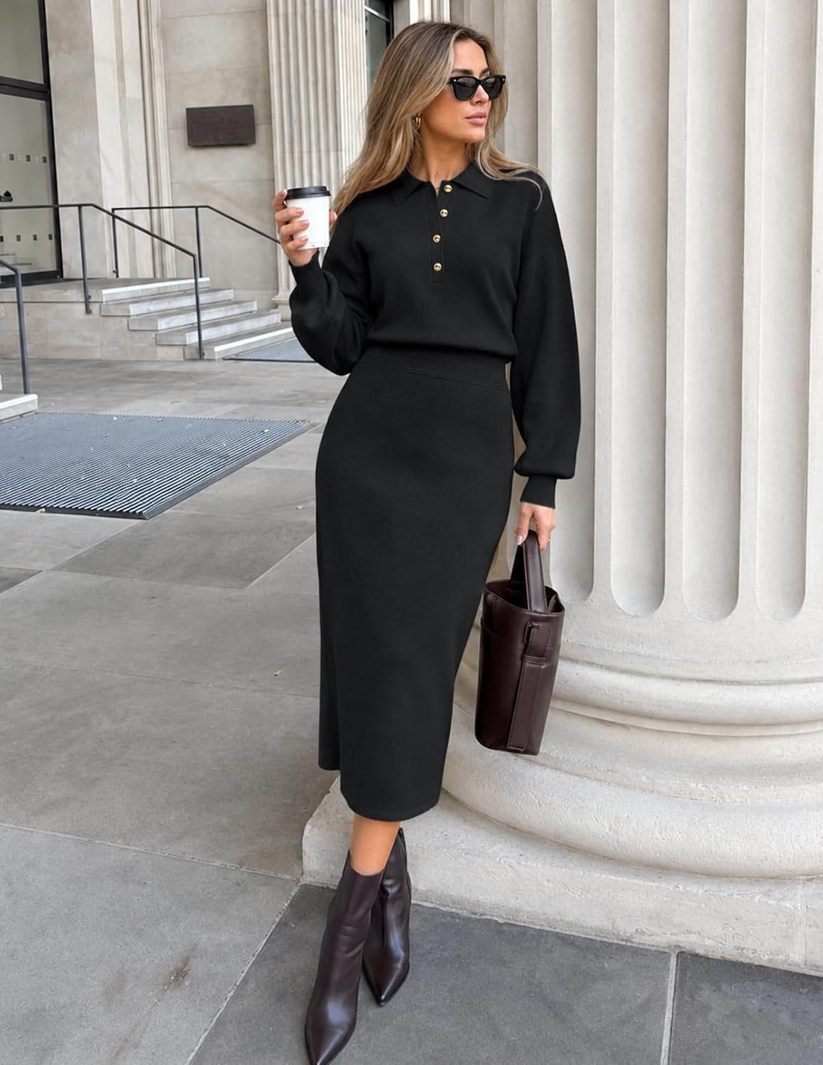 image:imageMEROKEETY Womens Fall Long Sleeve Bodycon Midi Sweater DressBlack