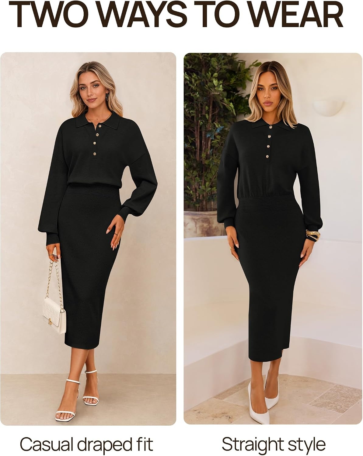 image:imageMEROKEETY Womens Fall Long Sleeve Bodycon Midi Sweater DressBlack