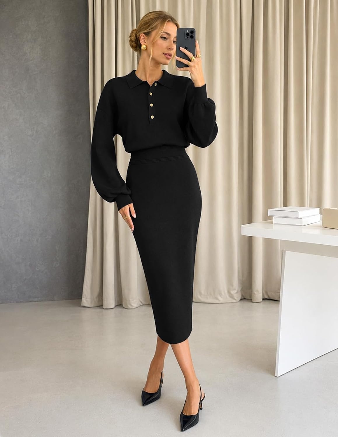 image:imageMEROKEETY Womens Fall Long Sleeve Bodycon Midi Sweater DressBlack