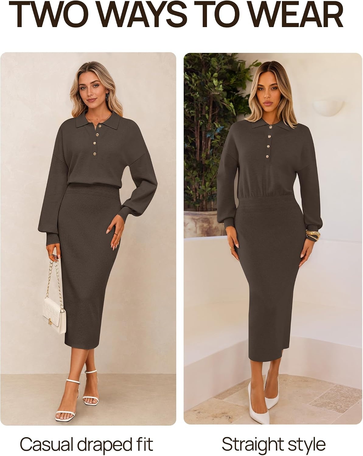 image:imageMEROKEETY Womens Fall Long Sleeve Bodycon Midi Sweater DressCoffee