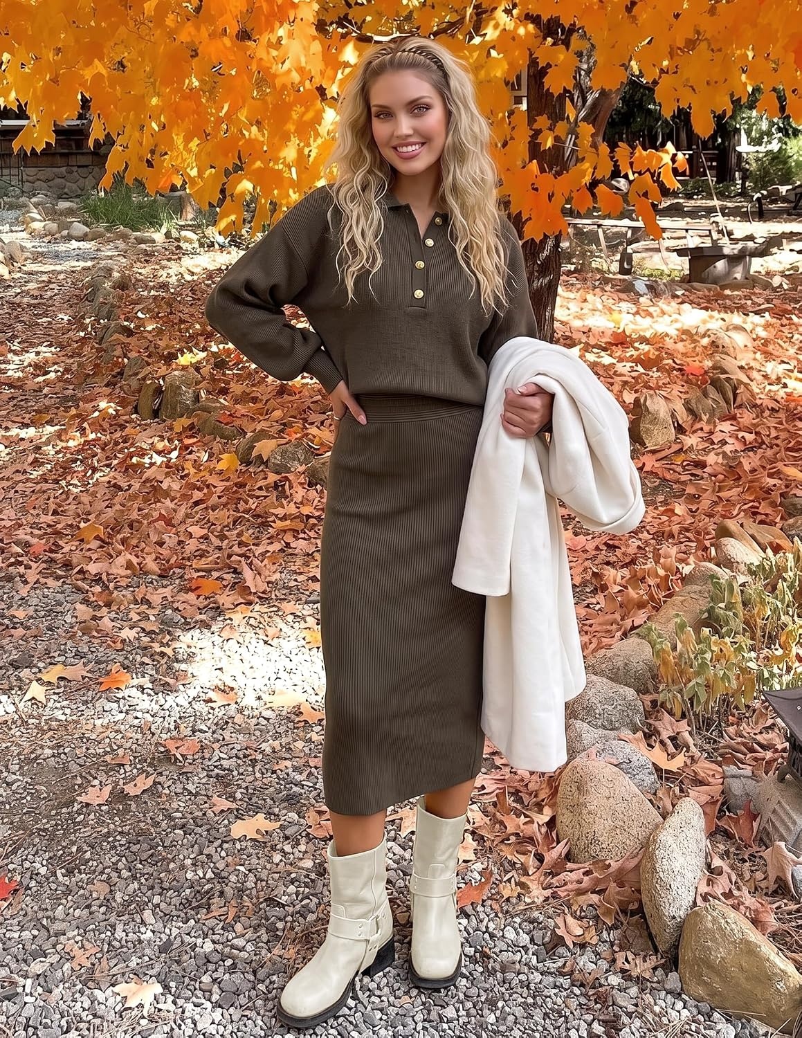 image:imageMEROKEETY Womens Fall Long Sleeve Bodycon Midi Sweater DressCoffee