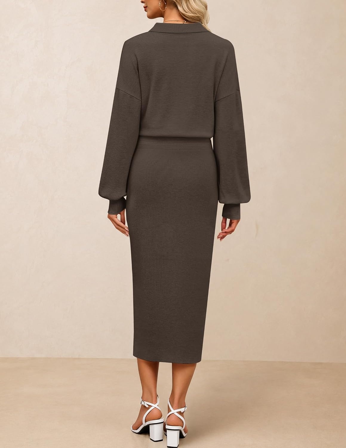 image:imageMEROKEETY Womens Fall Long Sleeve Bodycon Midi Sweater DressCoffee