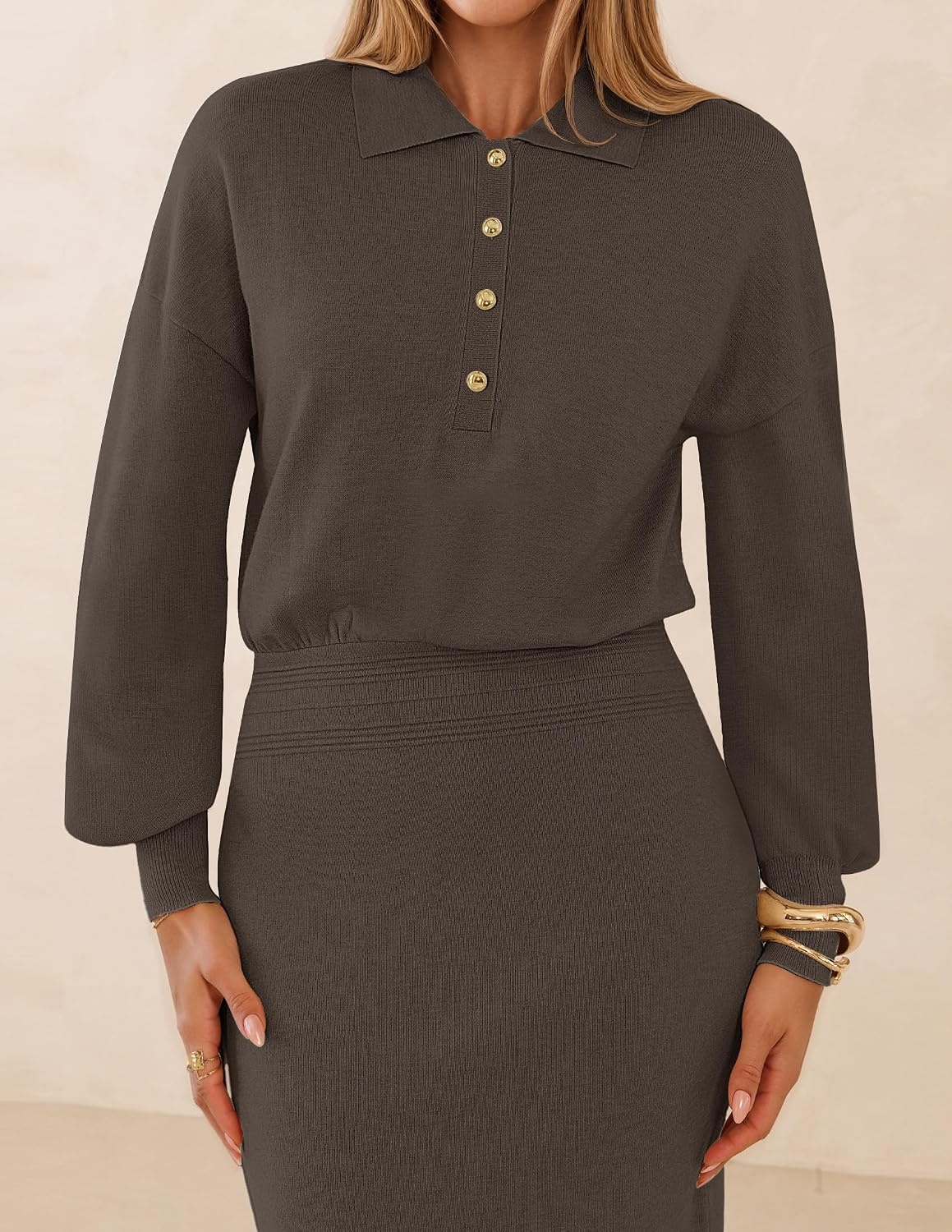 image:imageMEROKEETY Womens Fall Long Sleeve Bodycon Midi Sweater DressCoffee