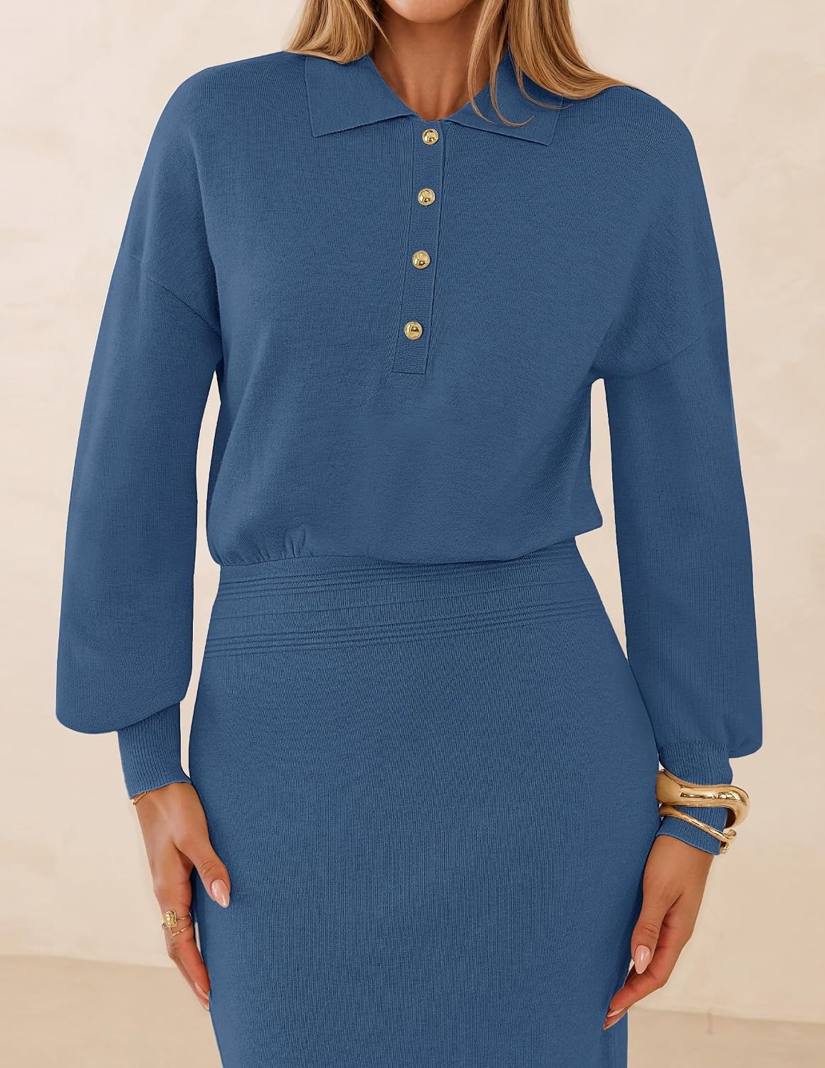 image:imageMEROKEETY Womens Fall Long Sleeve Bodycon Midi Sweater DressDarkblue
