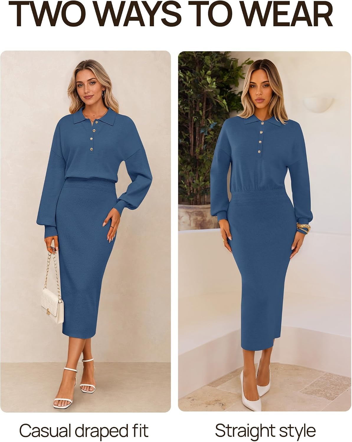 image:imageMEROKEETY Womens Fall Long Sleeve Bodycon Midi Sweater DressDarkblue